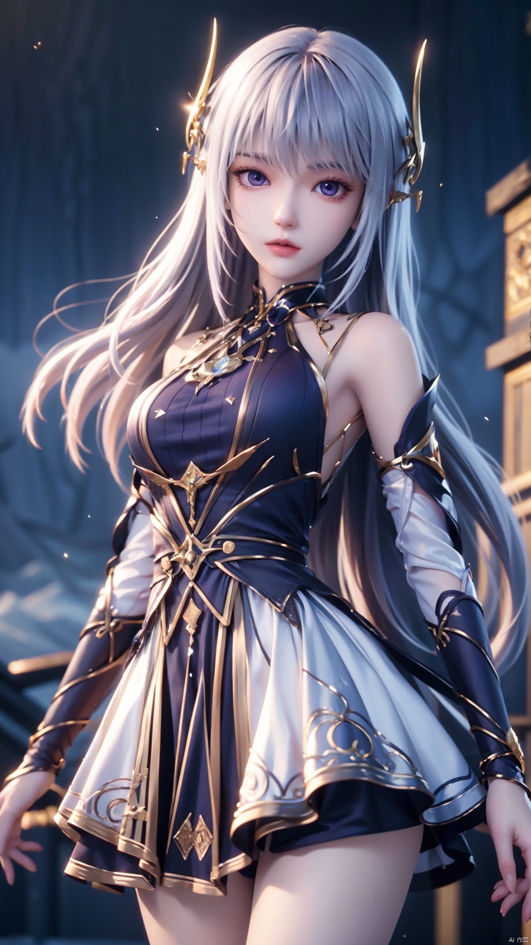 1girl, long hair, solo, purple eyes, white hair, white dress, standing, looking at viewer, perfect body, scenery, sharp focus, best quality, masterpiece, detailed outfit, illustration, perfect eyes, finely detailed beautiful anime eyes, realistic skin, intricate details, best lighting, depth of field, ultra high resolution,cowboy_shot, dynamic pose, dynamic angle,