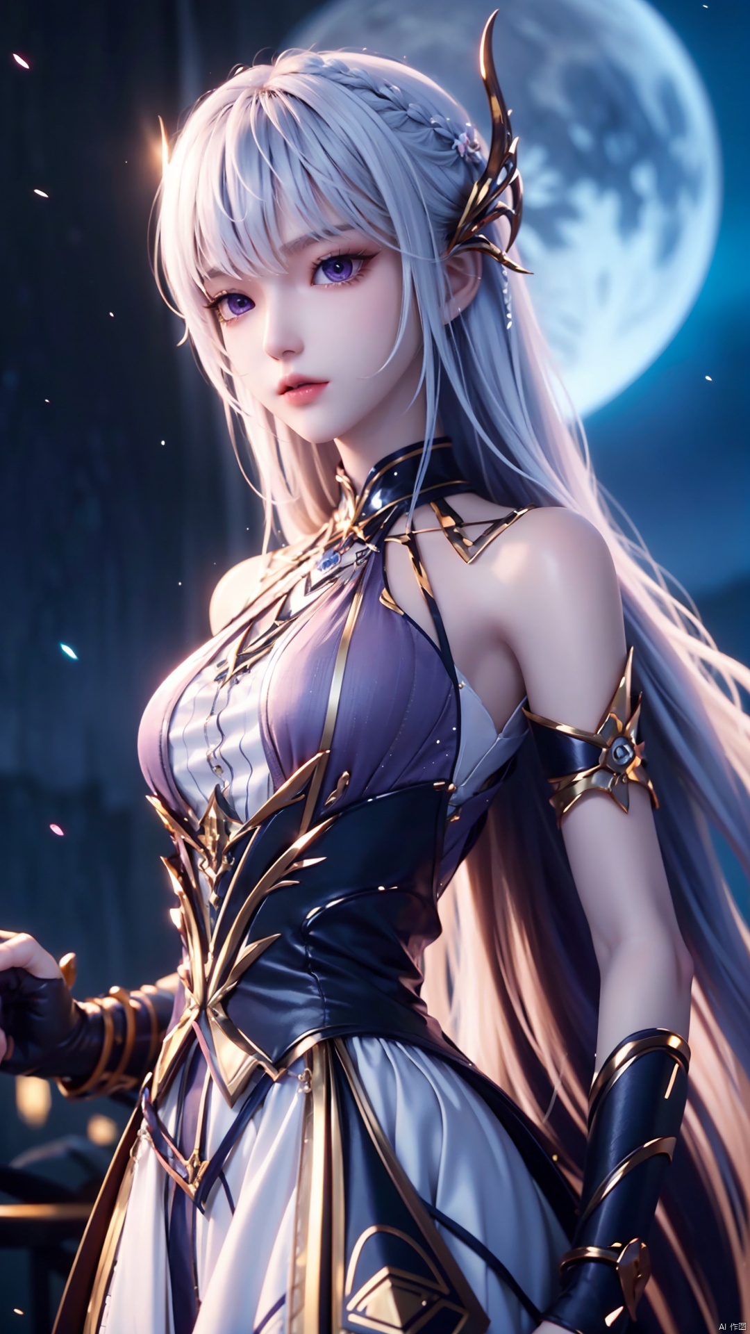 1girl, solo, purple eyes, white dress, long hair, white hair, moon, looking at viewer, red moon, perfect body, scenery, sharp focus, best quality, masterpiece, detailed outfit, illustration, perfect eyes, finely detailed beautiful anime eyes, realistic skin, intricate details, best lighting, depth of field, ultra high resolution,cowboy_shot, dynamic pose, dynamic angle,