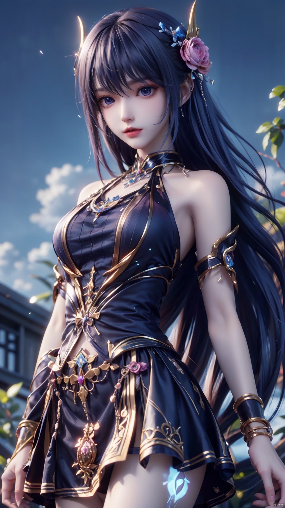 1girl, blue hair, solo, hair ornament, blue eyes, bare shoulders, jewelry, long hair, necklace, strapless skirt, flower, hair flower, perfect body, scenery, sharp focus, best quality, masterpiece, detailed outfit, illustration, perfect eyes, finely detailed beautiful anime eyes, realistic skin, intricate details, best lighting, depth of field, ultra high resolution,cowboy_shot, dynamic pose, dynamic angle,