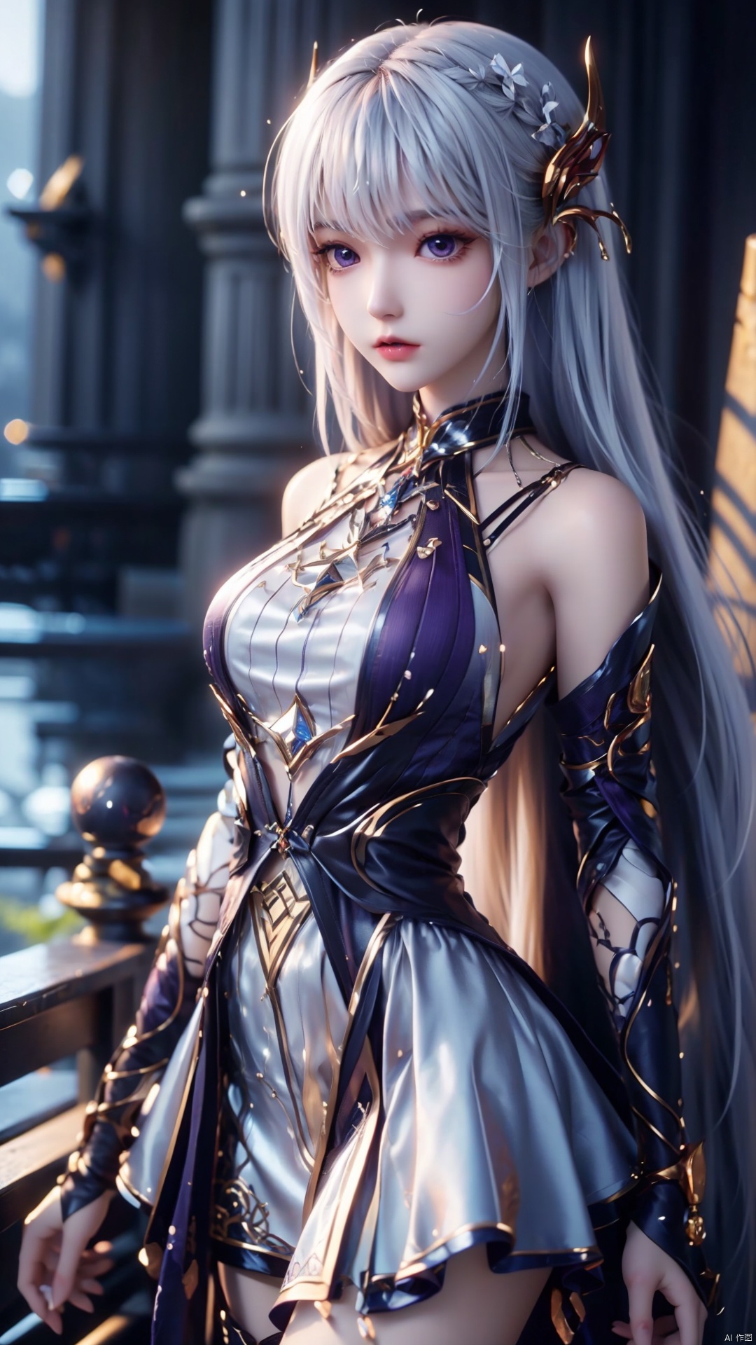 1girl, long hair, solo, purple eyes, white hair, white dress, standing, looking at viewer, perfect body, scenery, sharp focus, best quality, masterpiece, detailed outfit, illustration, perfect eyes, finely detailed beautiful anime eyes, realistic skin, intricate details, best lighting, depth of field, ultra high resolution,cowboy_shot, dynamic pose, dynamic angle,