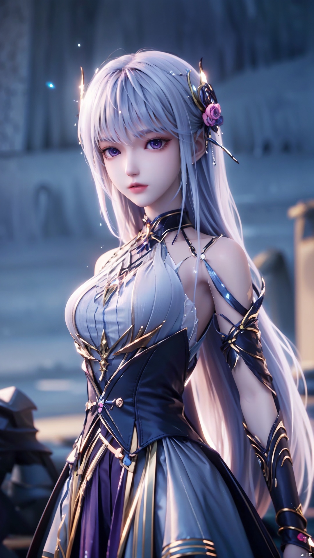 1girl, long hair, solo, purple eyes, white hair, white dress, standing, looking at viewer, perfect body, scenery, sharp focus, best quality, masterpiece, detailed outfit, illustration, perfect eyes, finely detailed beautiful anime eyes, realistic skin, intricate details, best lighting, depth of field, ultra high resolution,cowboy_shot, dynamic pose, dynamic angle,