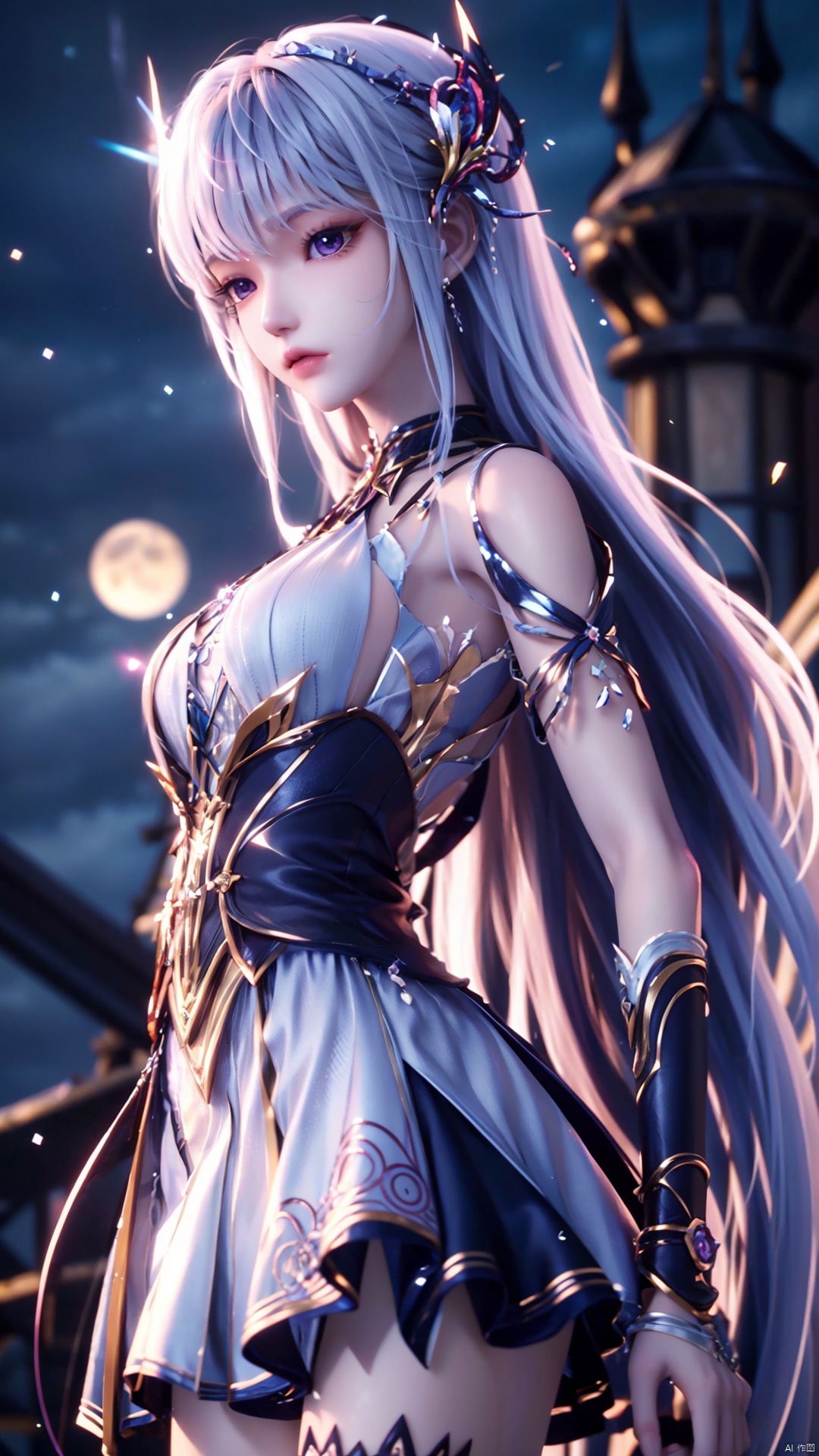 1girl, solo, purple eyes, white dress, long hair, white hair, moon, looking at viewer, red moon, perfect body, scenery, sharp focus, best quality, masterpiece, detailed outfit, illustration, perfect eyes, finely detailed beautiful anime eyes, realistic skin, intricate details, best lighting, depth of field, ultra high resolution,cowboy_shot, dynamic pose, dynamic angle,