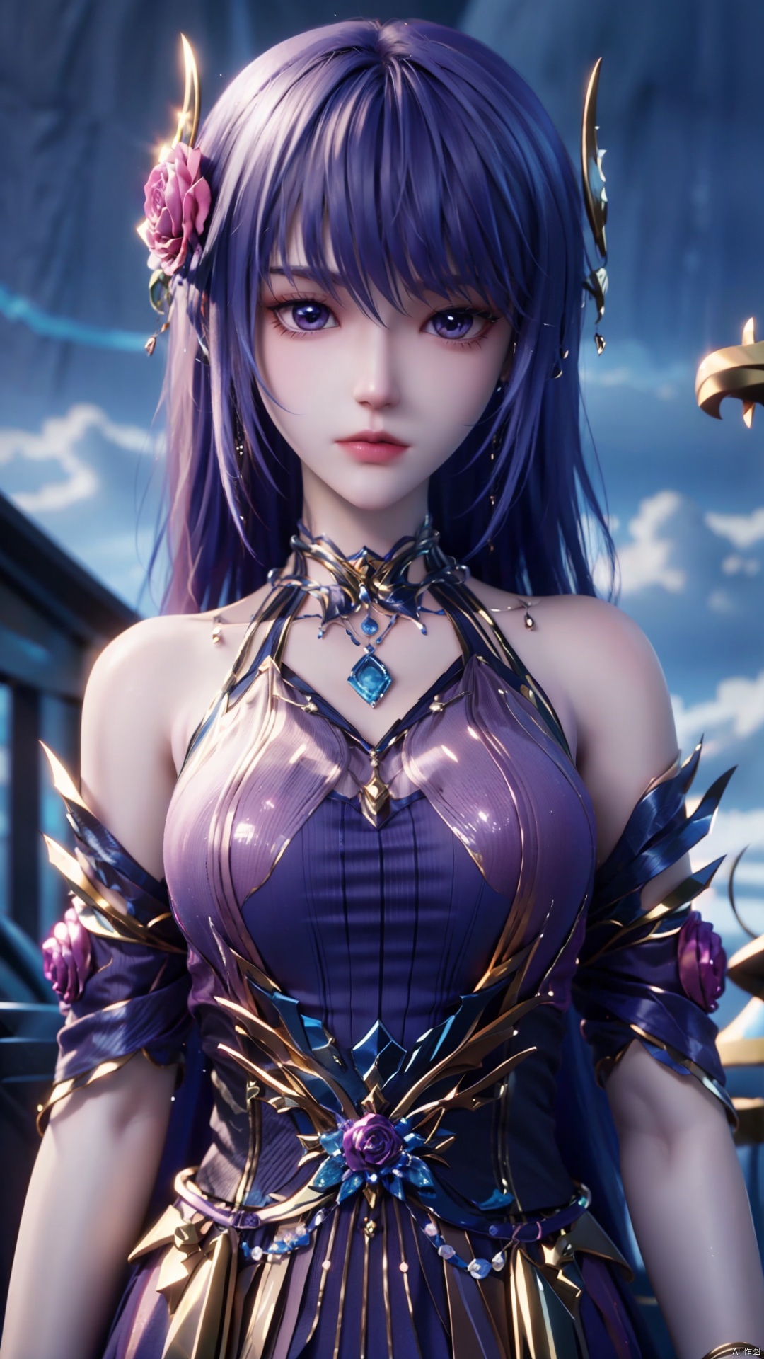 1girl, blue hair, solo, hair ornament, blue eyes, bare shoulders, jewelry, long hair, necklace, strapless skirt, flower, hair flower, perfect body, scenery, sharp focus, best quality, masterpiece, detailed outfit, illustration, perfect eyes, finely detailed beautiful anime eyes, realistic skin, intricate details, best lighting, depth of field, ultra high resolution,cowboy_shot, dynamic pose, dynamic angle,
