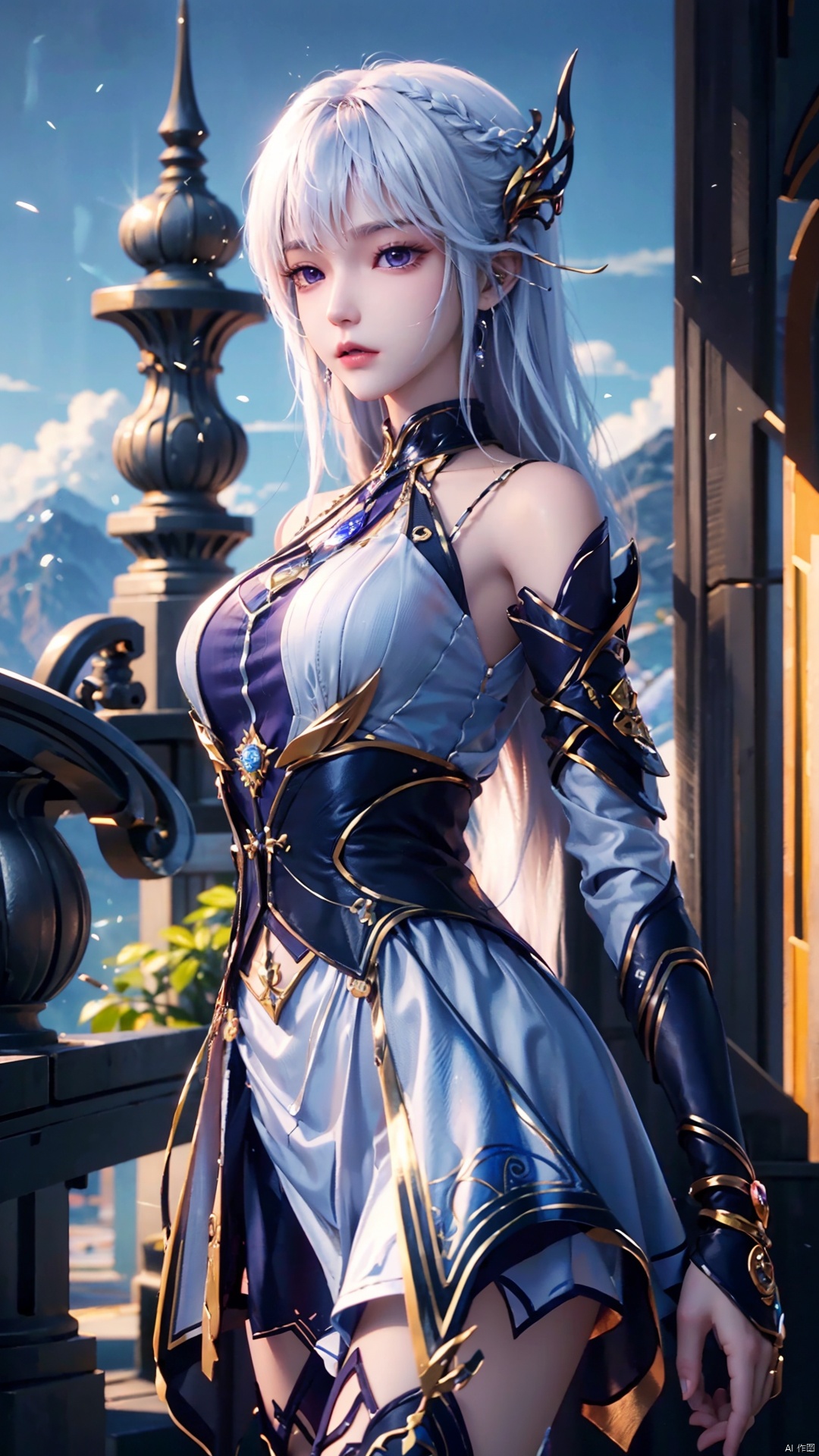 1girl, long hair, solo, purple eyes, white hair, white dress, standing, looking at viewer, perfect body, scenery, sharp focus, best quality, masterpiece, detailed outfit, illustration, perfect eyes, finely detailed beautiful anime eyes, realistic skin, intricate details, best lighting, depth of field, ultra high resolution,cowboy_shot, dynamic pose, dynamic angle,