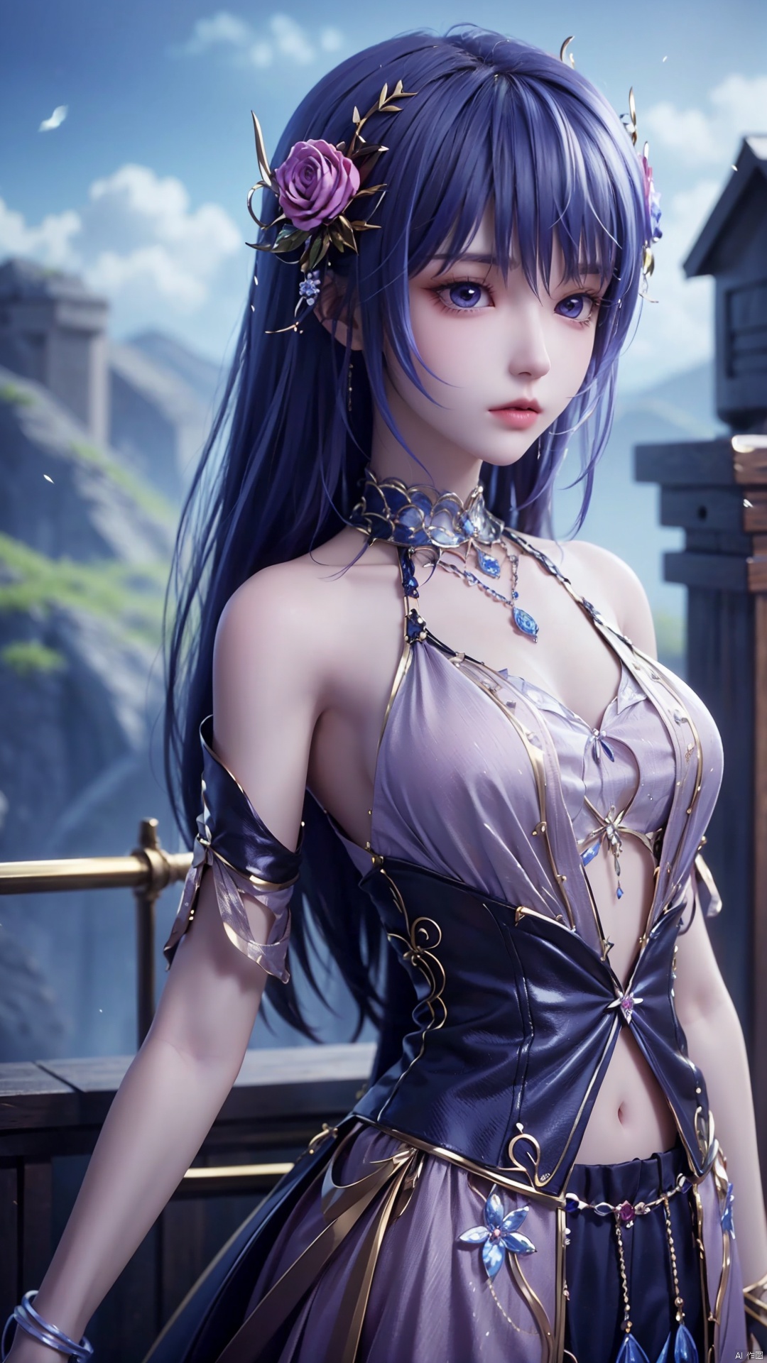 1girl, blue hair, solo, hair ornament, blue eyes, bare shoulders, jewelry, long hair, necklace, strapless skirt, flower, hair flower, perfect body, scenery, sharp focus, best quality, masterpiece, detailed outfit, illustration, perfect eyes, finely detailed beautiful anime eyes, realistic skin, intricate details, best lighting, depth of field, ultra high resolution,cowboy_shot, dynamic pose, dynamic angle,