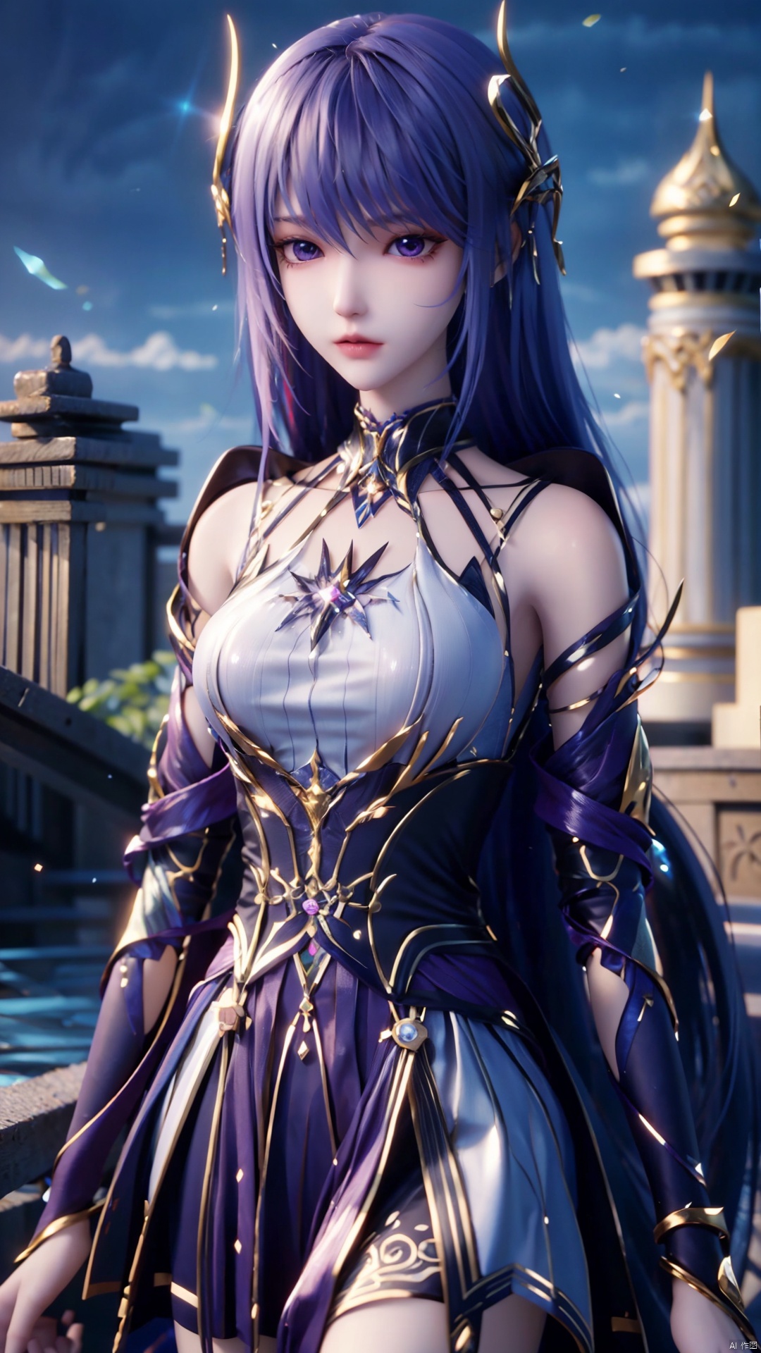 1girl, long hair, solo, purple eyes, white hair, white dress, standing, looking at viewer, perfect body, scenery, sharp focus, best quality, masterpiece, detailed outfit, illustration, perfect eyes, finely detailed beautiful anime eyes, realistic skin, intricate details, best lighting, depth of field, ultra high resolution,cowboy_shot, dynamic pose, dynamic angle,