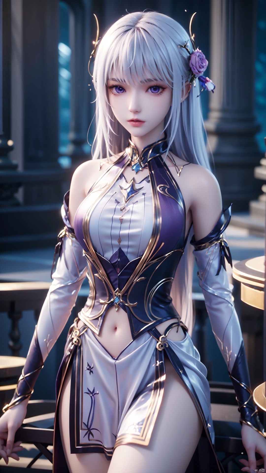 1girl, long hair, solo, purple eyes, white hair, white dress, standing, looking at viewer, perfect body, scenery, sharp focus, best quality, masterpiece, detailed outfit, illustration, perfect eyes, finely detailed beautiful anime eyes, realistic skin, intricate details, best lighting, depth of field, ultra high resolution,cowboy_shot, dynamic pose, dynamic angle,