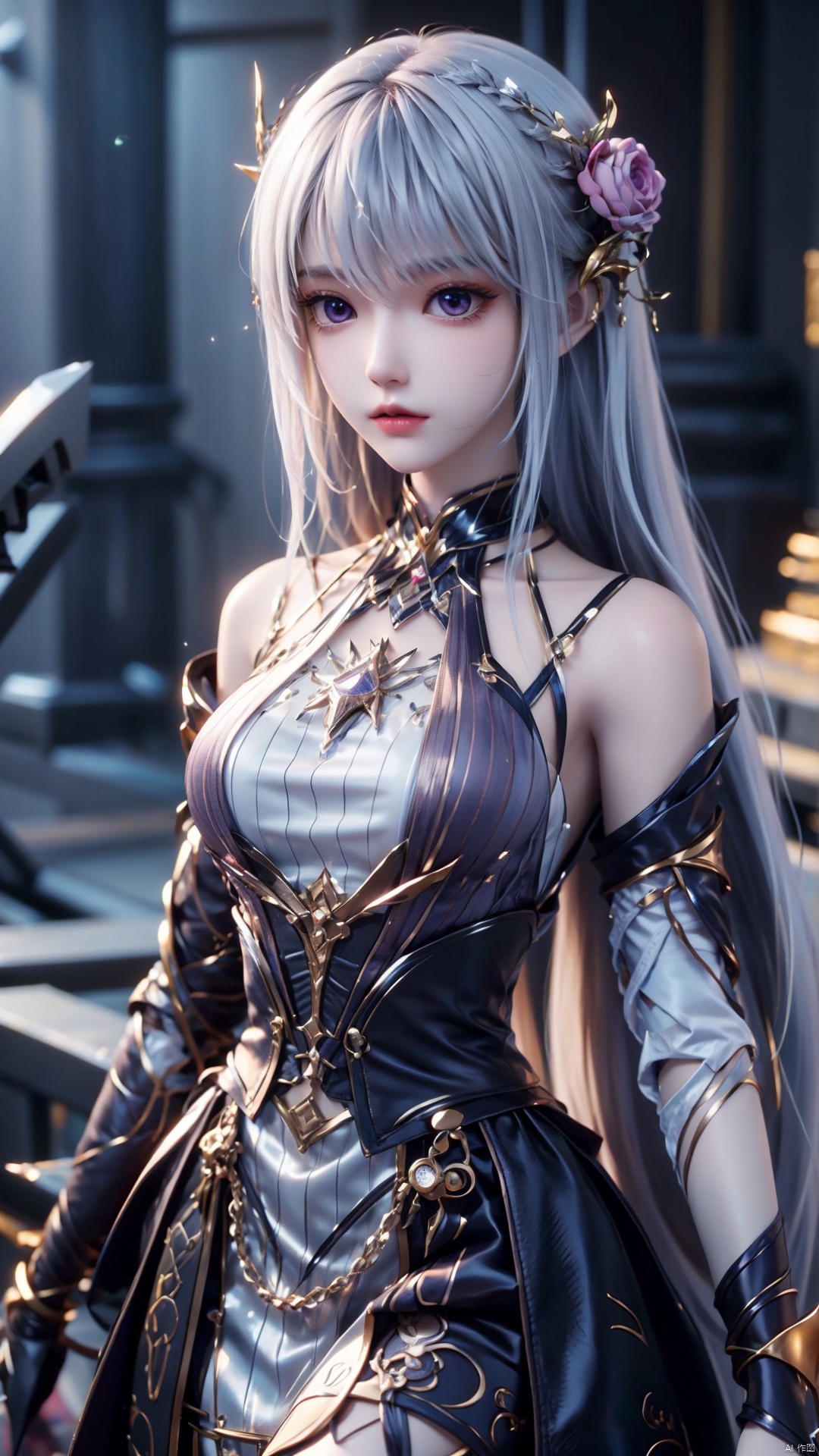 1girl, long hair, solo, purple eyes, white hair, white dress, standing, looking at viewer, perfect body, scenery, sharp focus, best quality, masterpiece, detailed outfit, illustration, perfect eyes, finely detailed beautiful anime eyes, realistic skin, intricate details, best lighting, depth of field, ultra high resolution,cowboy_shot, dynamic pose, dynamic angle,