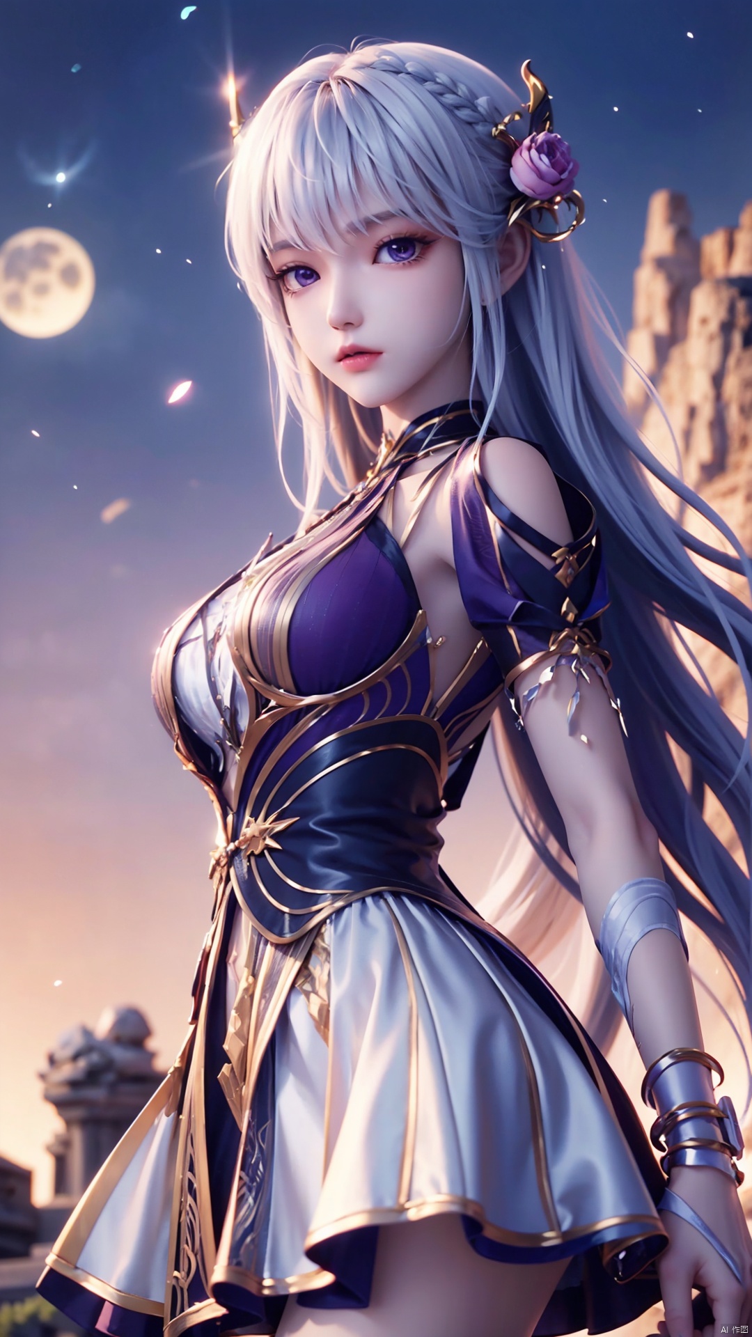 1girl, solo, purple eyes, white dress, long hair, white hair, moon, looking at viewer, red moon, perfect body, scenery, sharp focus, best quality, masterpiece, detailed outfit, illustration, perfect eyes, finely detailed beautiful anime eyes, realistic skin, intricate details, best lighting, depth of field, ultra high resolution,cowboy_shot, dynamic pose, dynamic angle,
