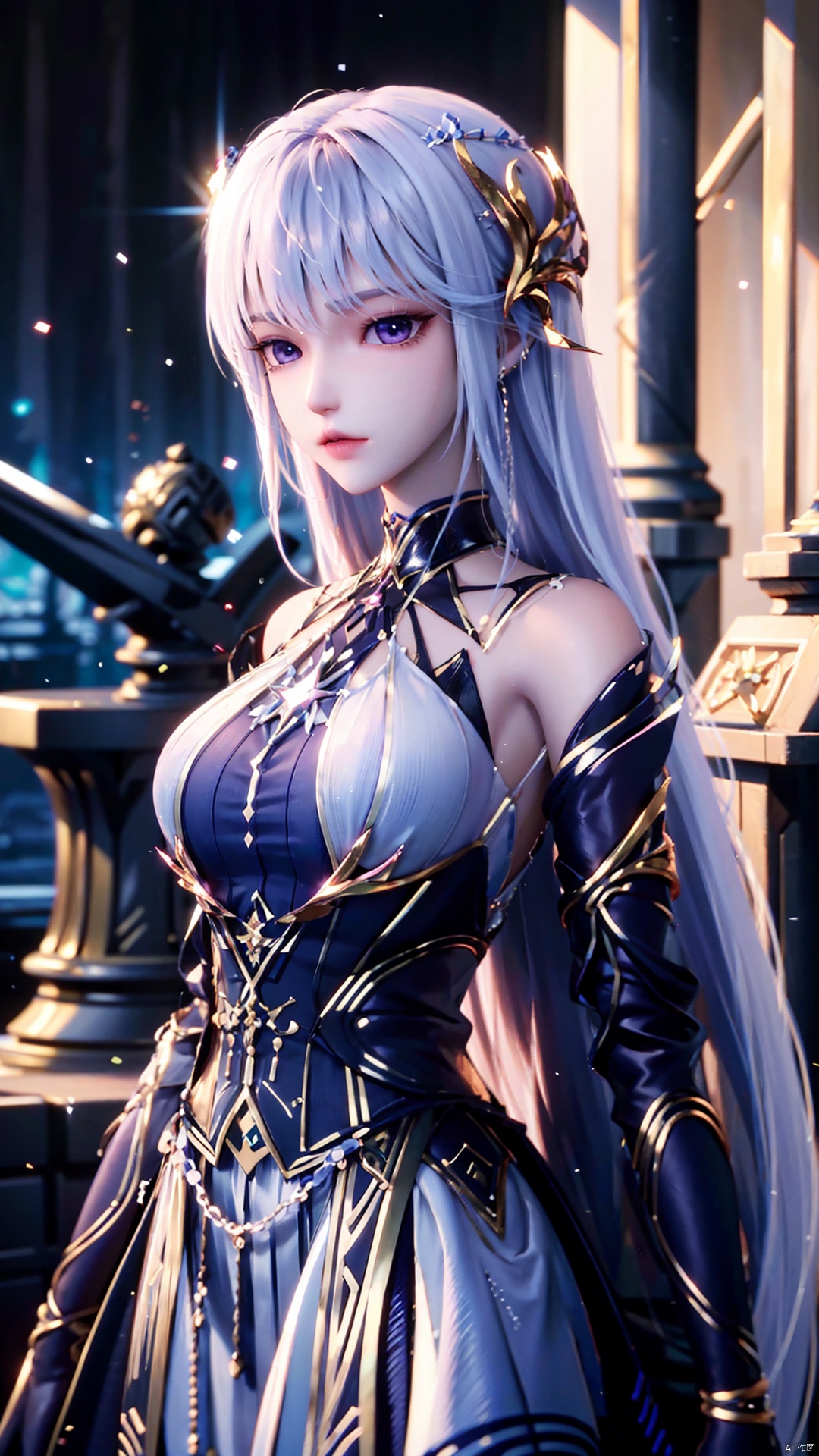 1girl, long hair, solo, purple eyes, white hair, white dress, standing, looking at viewer, perfect body, scenery, sharp focus, best quality, masterpiece, detailed outfit, illustration, perfect eyes, finely detailed beautiful anime eyes, realistic skin, intricate details, best lighting, depth of field, ultra high resolution,cowboy_shot, dynamic pose, dynamic angle,