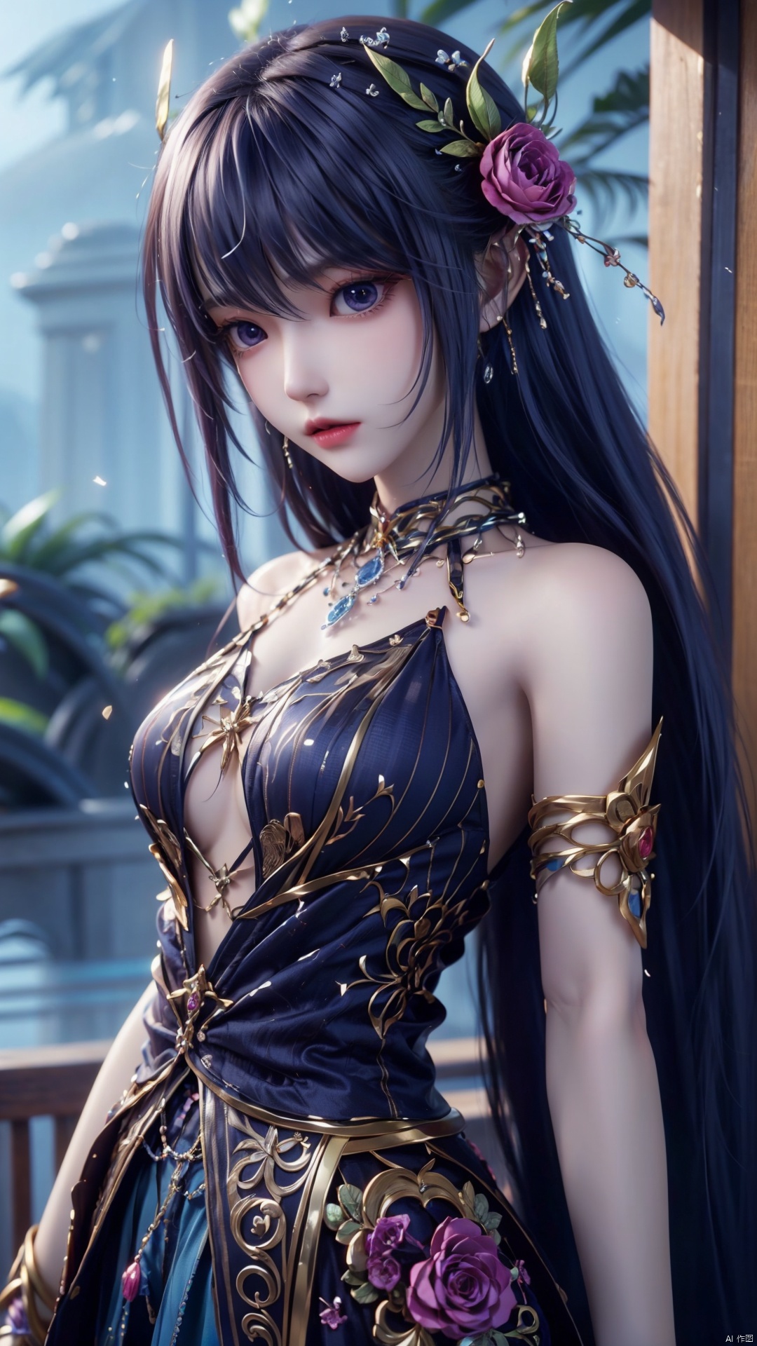 1girl, blue hair, solo, hair ornament, blue eyes, bare shoulders, jewelry, long hair, necklace, strapless skirt, flower, hair flower, perfect body, scenery, sharp focus, best quality, masterpiece, detailed outfit, illustration, perfect eyes, finely detailed beautiful anime eyes, realistic skin, intricate details, best lighting, depth of field, ultra high resolution,cowboy_shot, dynamic pose, dynamic angle,