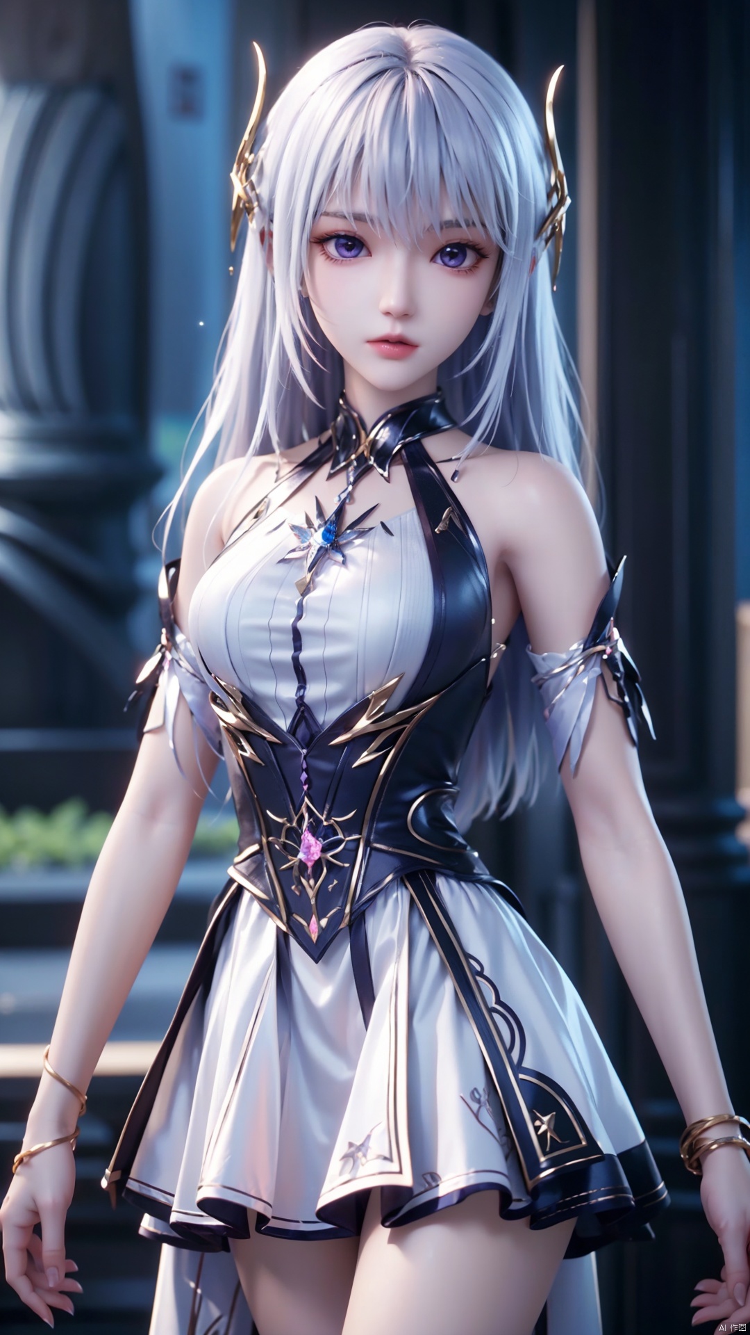 1girl, long hair, solo, purple eyes, (white hair), (white dress), standing, looking at viewer, perfect body, scenery, sharp focus, best quality, masterpiece, detailed outfit, illustration, perfect eyes, finely detailed beautiful anime eyes, realistic skin, intricate details, best lighting, depth of field, ultra high resolution,cowboy_shot, dynamic pose, dynamic angle,
