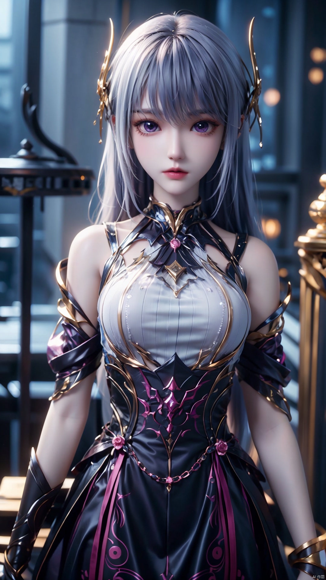 1girl, long hair, solo, purple eyes, white hair, white dress, standing, looking at viewer, perfect body, scenery, sharp focus, best quality, masterpiece, detailed outfit, illustration, perfect eyes, finely detailed beautiful anime eyes, realistic skin, intricate details, best lighting, depth of field, ultra high resolution,cowboy_shot, dynamic pose, dynamic angle,