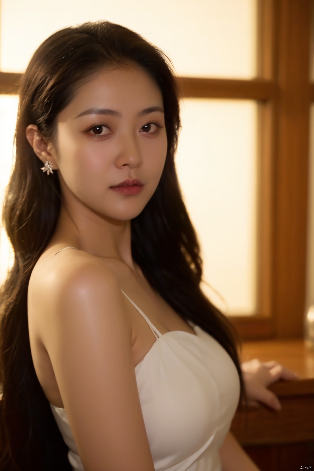 1 girl, solo, long hair, wavy hair, jewelry, earrings, looking at the audience, blurry, lips, realistic, brown hair, earrings, depth of field, brown eyes, blurry background, night, bar, dim light, (blurry), jujingyi