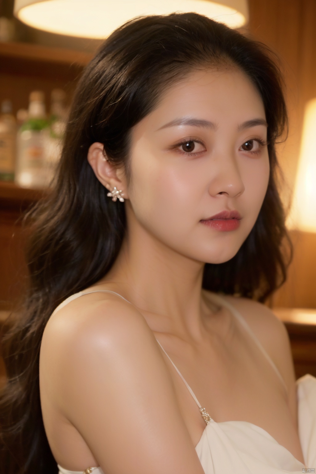 1 girl, solo, long hair, wavy hair, jewelry, earrings, looking at the audience, blurry, lips, realistic, brown hair, earrings, depth of field, brown eyes, blurry background, night, bar, dim light, (blurry), jujingyi