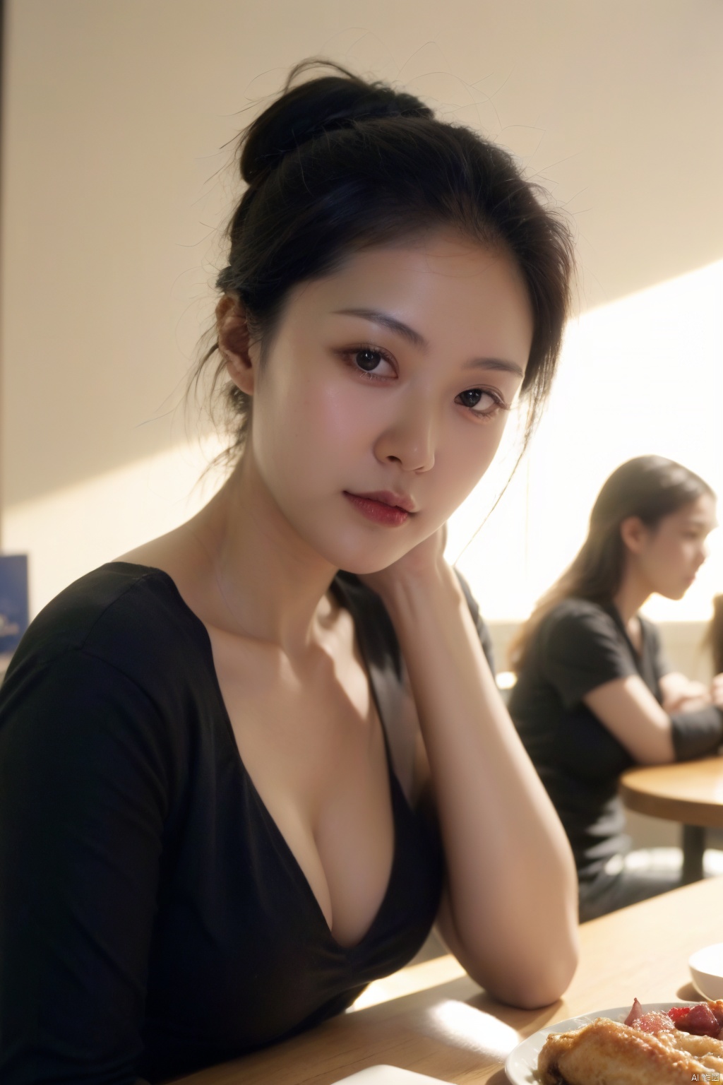 35mm film, one pretty girl, solo, updo, prefect face, makeup,  big tits, cleavage, black shirt, looking at viewer, 90s mall food court, dining tables, bright lights, softbox lighting, upper body, epiCPhoto, , nongnong