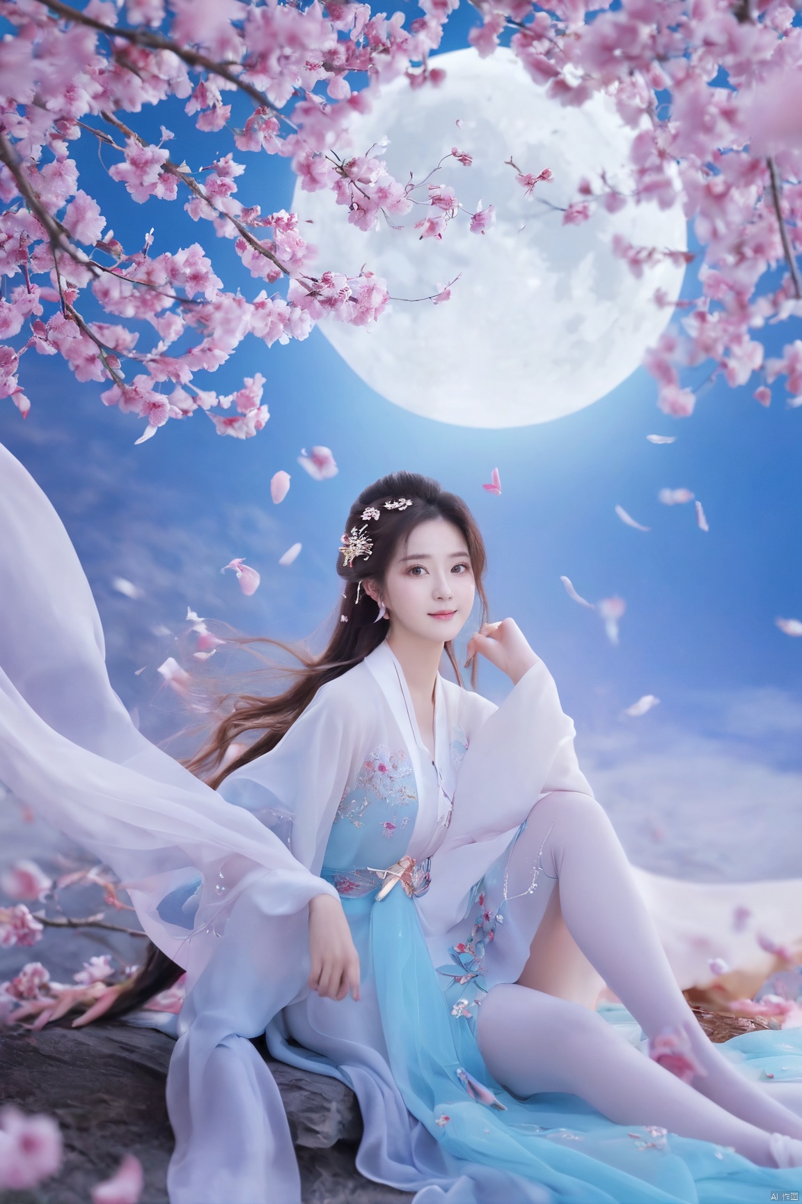 1girl,Xnangongwan,moon,flowers,big breasts