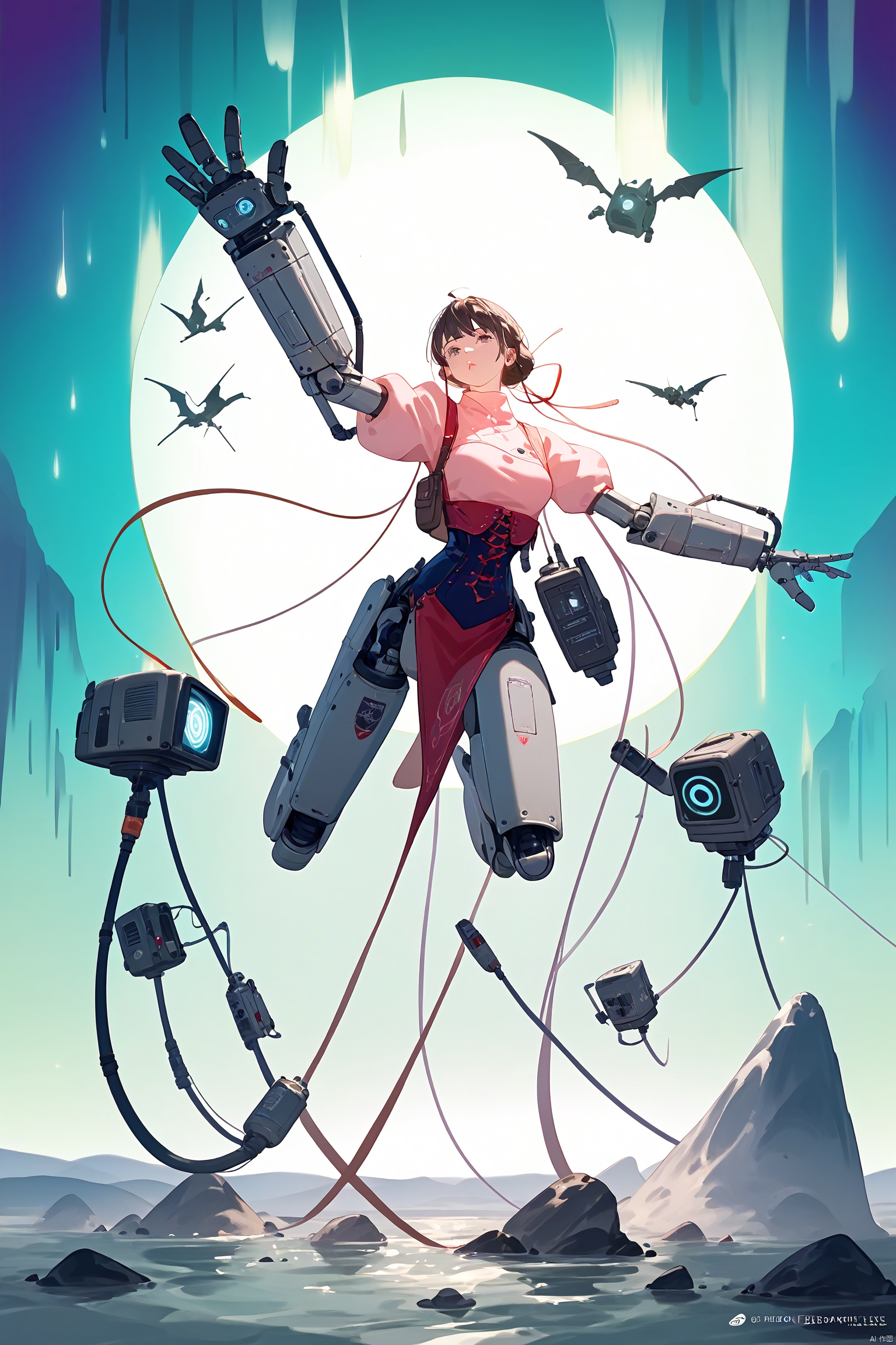  (score_9_up,score_8_up),1 woman, robot cyborg
full body, hanging in the air
anime
broken maintenance
oriental
poetic
horror
ghost
tubes , wires
by
 Akihiko Yoshida
, TIANQIJI,1girl,casting spells,detailed face, detailed hand,fantasy,Aurora Borealis,dramatic lighting,shadows,(art by Harry Clarke Hiroshi Yoshida)