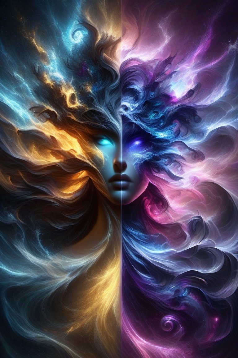 photograph,  left half ONLY dark magic purple black fiery,  right ONLY half water flowing light blue/white on Tensor.Art