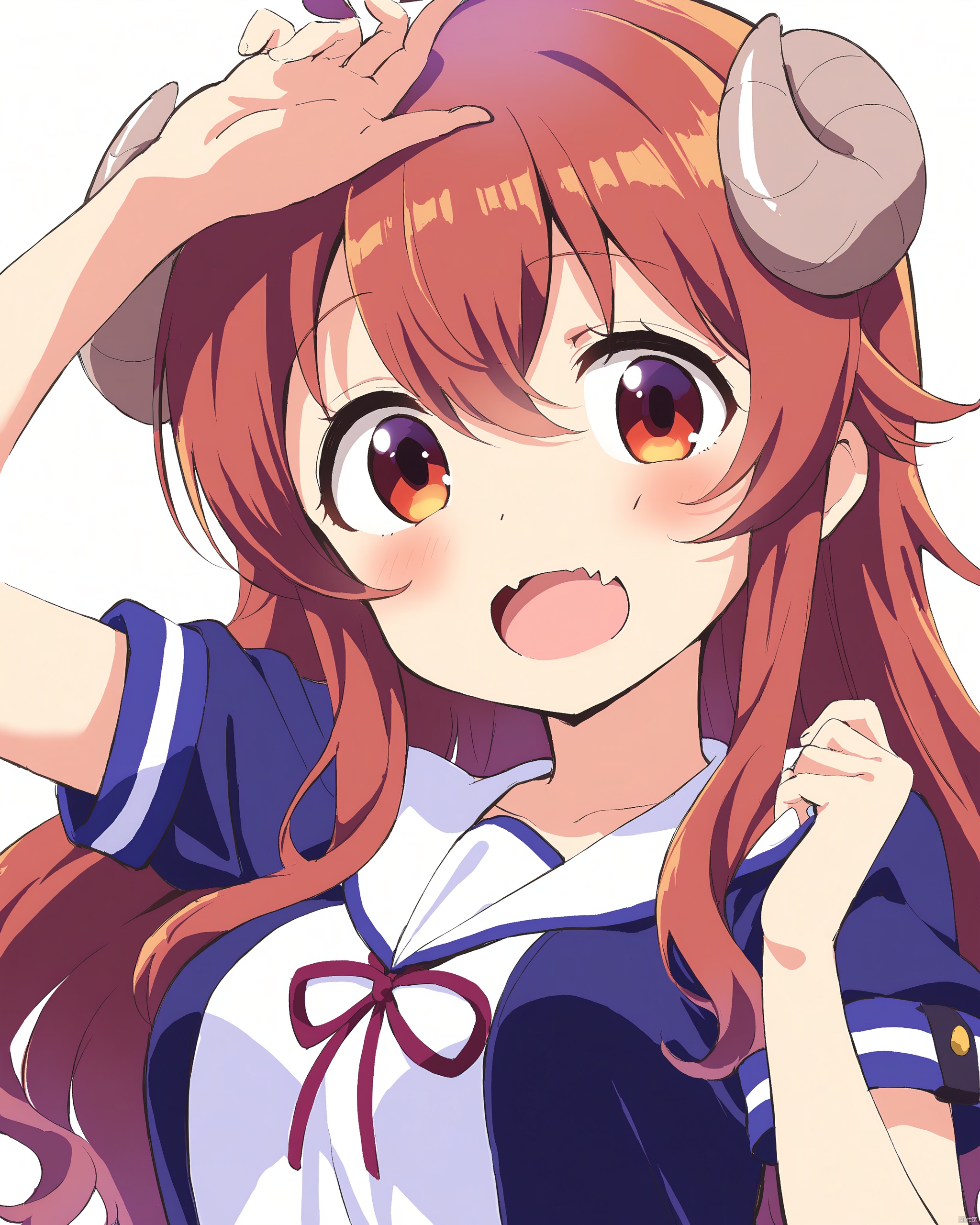 machikado_mazoku,1girl, arm_up, blush, commentary, curled_horns, demon_girl, demon_horns, fang, hair_between_eyes, hand_on_own_head, hand_up, highres, horns, long_hair, looking_at_viewer, machikado_mazoku, neki_\(wakiko\), open_mouth, red_eyes, red_hair, short_sleeves, simple_background, skin_fang, solo, upper_body, white_background, yoshida_yuuko_\(machikado_mazoku\)