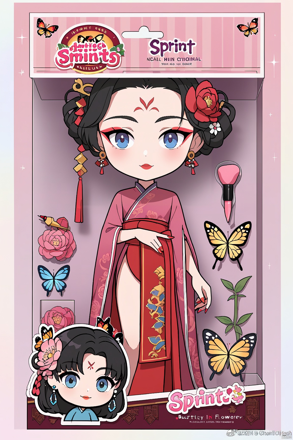 toy packaging design,1girl, flower, bug, hair ornament, butterfly, solo, blue eyes, peony (flower), hair flower, black hair, nail polish, jewelry, chinese clothes, red lips, pink flower, forehead mark, earrings, hanfu, makeup, rose, hair rings, lipstick, facial mark, braid, hair stick,in sprint