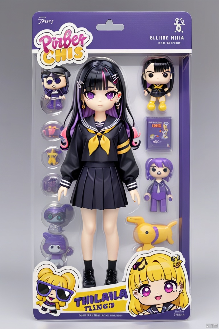 toy packaging design,1girl, solo,  black hair, school uniform, purple eyes, full body, ear piercing, neckerchief, long hair, sailor collar, multicolored hair, bangs, piercing, jewelry, long sleeves, earrings, black sailor collar, shirt, yellow neckerchief, colored inner hair, purple hair, hair ornament, hairclip,