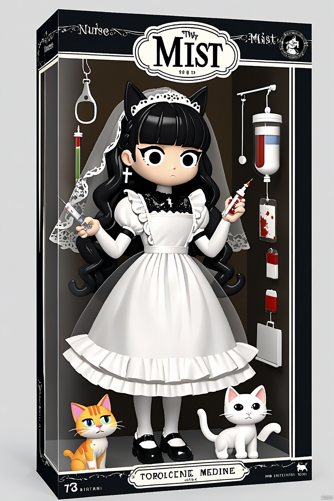 toy packaging design,animal ears,cat,dress,black de hair,intravenous drip,horns,white legwear,shoes,braid,bow,long hair,cat ears,frills,veil,cross,1girl,black dress,black footwear,eyepatch,bride,bride,black,bride,black,cat,apron,frilled dress,standing,looking at viewer,blunt bangs,lolita fashion,bucket,pantyhose,solo,syringe,bandages,book,blood bag,cat tail,ribbon,nurse,white bow,multiple girls,latin cross,clothed animal,indoors,why hairs,bandaid,heterochromia,star (symbol),key,gothic lolita,animal (animal),frilled apron,lace,blood,no nose,noose,scissors,child,puffy sleeves,pill,hat,cat girl,holding bucket,clipboard,petticoat,no mouth,tag,neck,lace trim,maist,medicine,thermometer,english,sleeves,text,maist,noun,see-through,traditional media,jewelry,black ribbon,habitat,holding syringe,safety pin,two tails,
