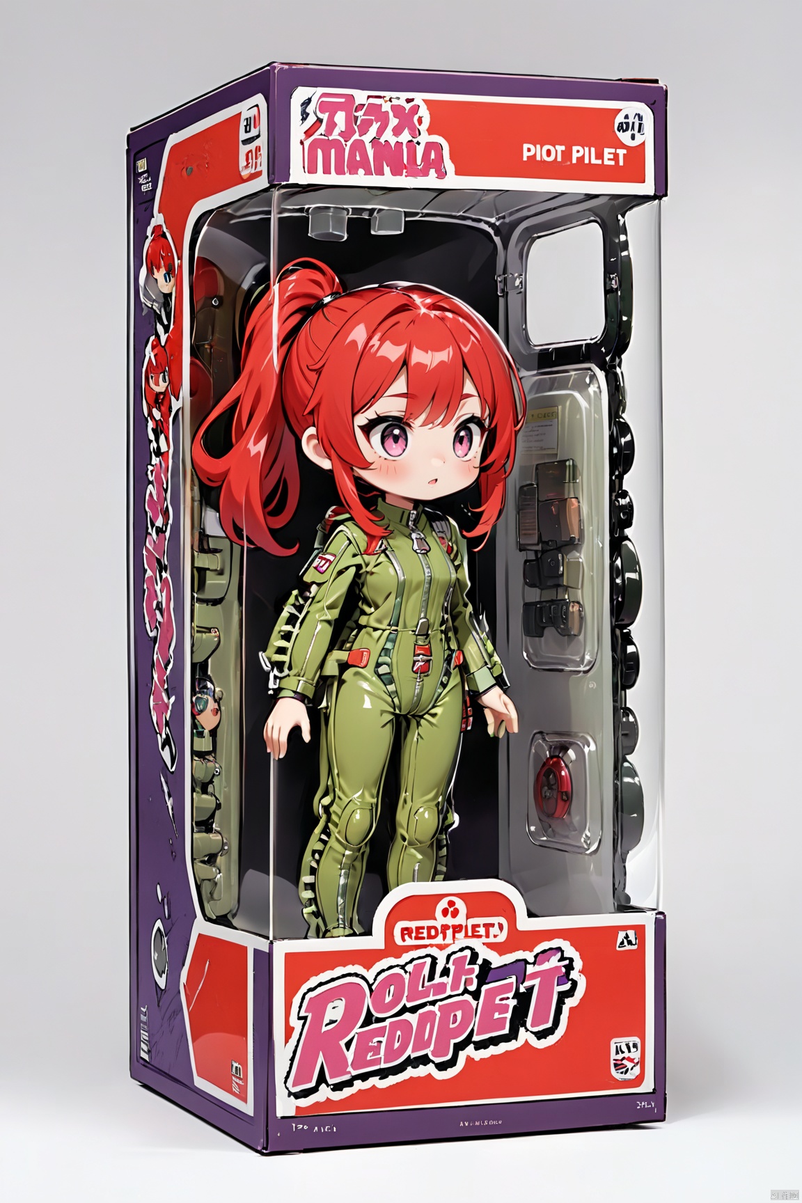 an unboxed toy doll in pilot uniform standing in a plastic box,green pilot suit,full body, loli,purple eyes,long hair, multicolored hair, bangs,  red hair, high pony,redpilot
