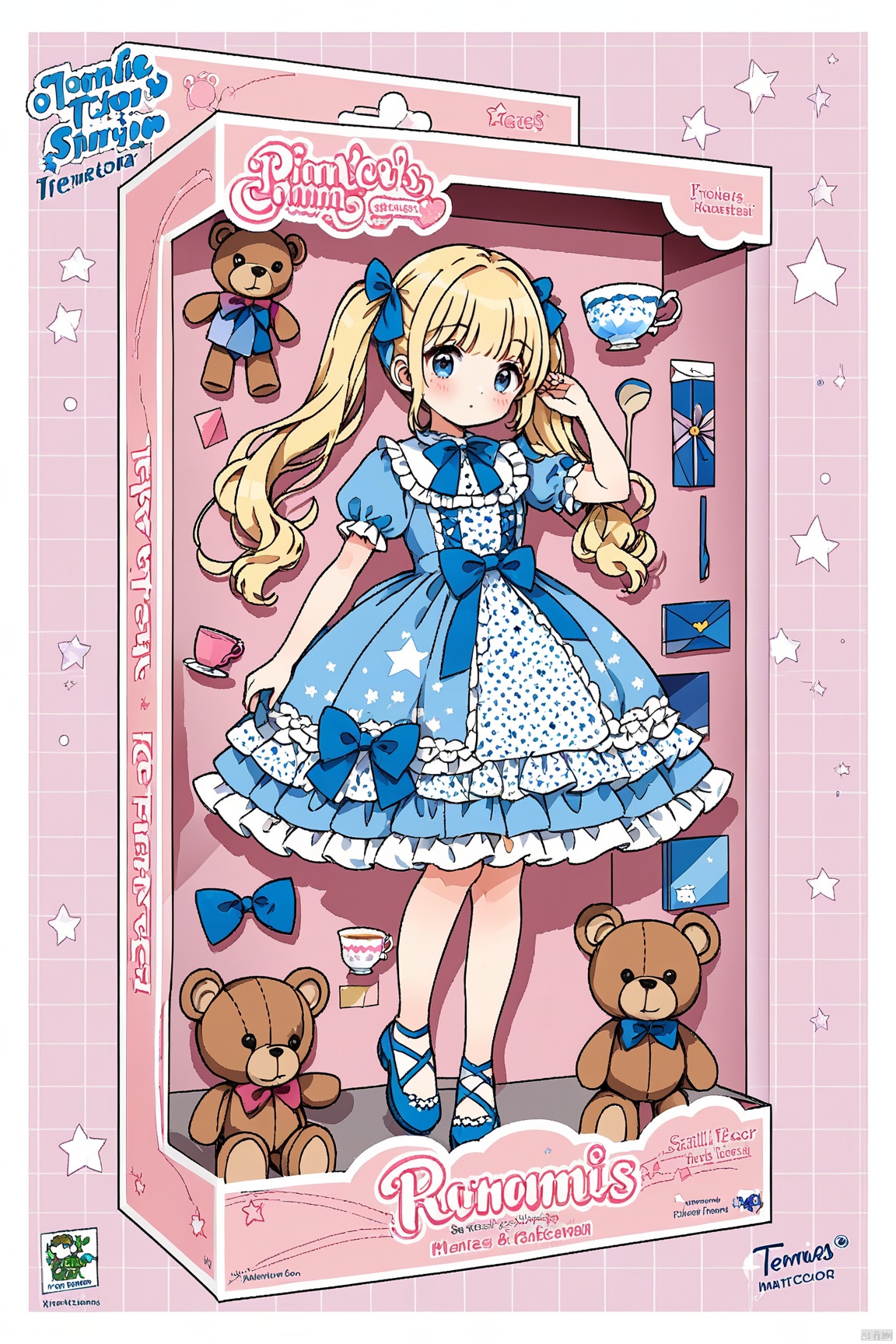 toy packaging design,1girl,teacup, teddy bear, solo, blonde hair, dress, bow, short sleeves, hair bow, bangs, long hair, twintails, blue dress, blue eyes, star (symbol), puffy sleeves,  frills, puffy short sleeves, blue bow, print dress, full body, blush, blue footwear, arm up, english text, lolita fashion, teddy bear, stuffed toy,dress, paleColor,pink hearted background