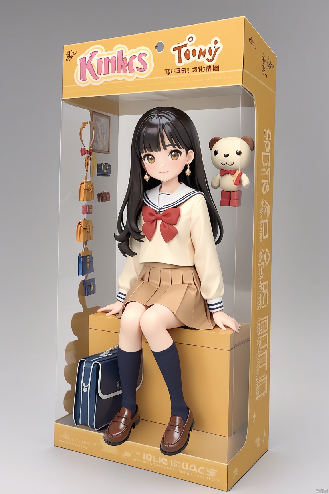 toy packaging design,1girl, school uniform, solo, long hair, sitting, socks, brown eyes, serafuku, bag, looking at viewer, loafers, school bag, skirt, kneehighs, black hair, sailor collar, black socks, bangs, jewelry, earrings, brown hair, bow, smile, long sleeves, brown footwear