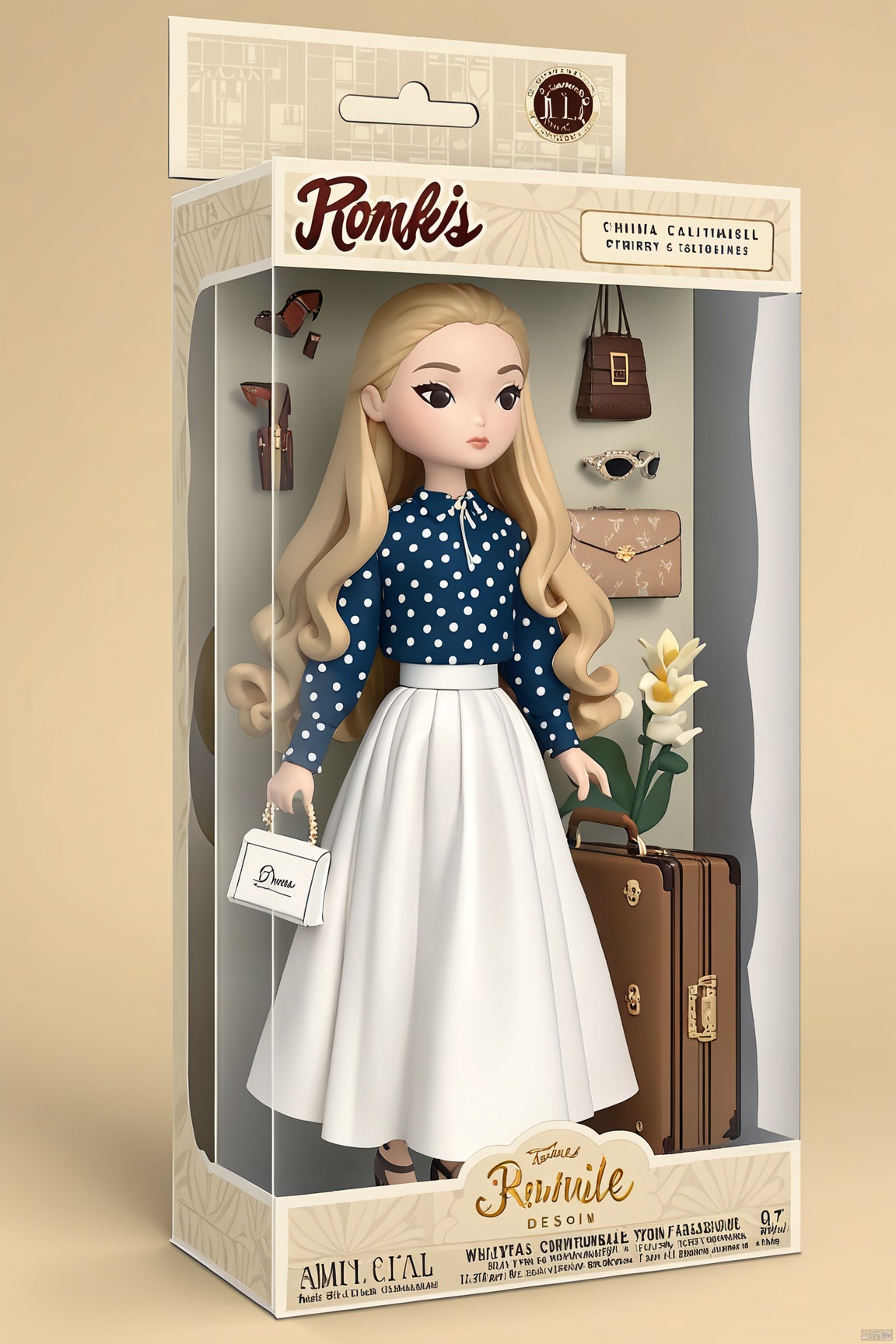 toy packaging design,1girl, solo, suitcase, skirt, long hair, flower, white skirt, blonde hair, standing, shirt, long skirt, fashion , long sleeves, brown hair