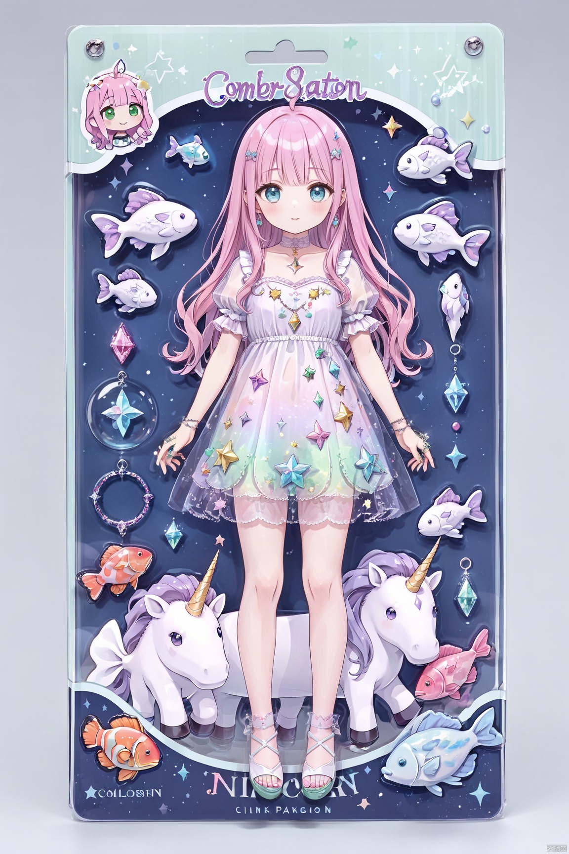 toy packaging design,jewelry,pink hair,green eyes,ring,choker,earrings,solo,long hair,looking at viewer,constellation,,star (symbol),smile,,fish,puffy sleeves,short sleeves,puffy short sleeves,gem,makeup,unicorn,upper body,see-through,food,full body