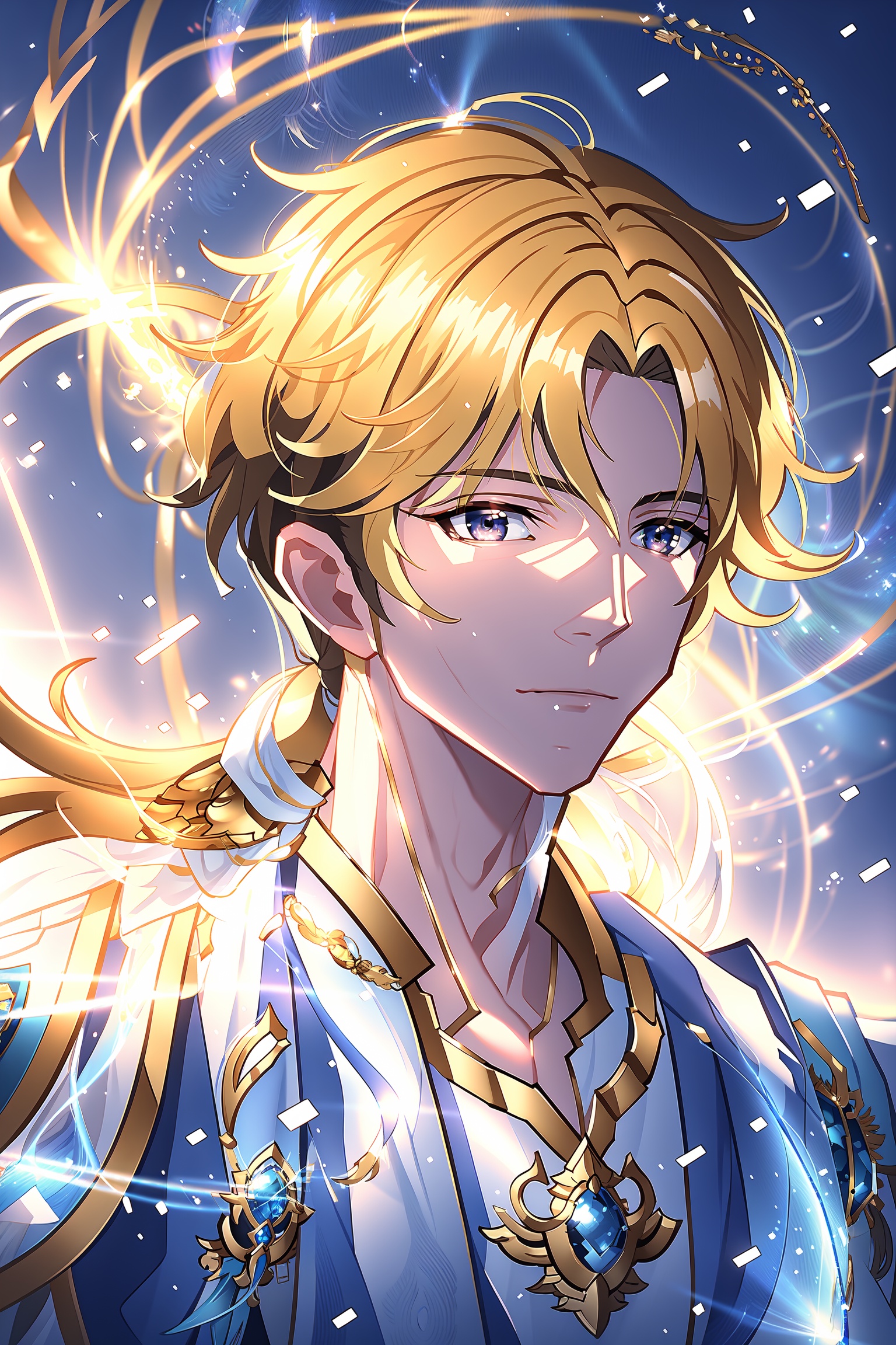 calm and slender male,  His eyes glow quite brightly. He looks like a prince. Hyperdetailing masterpiece,  hyperdetailing...