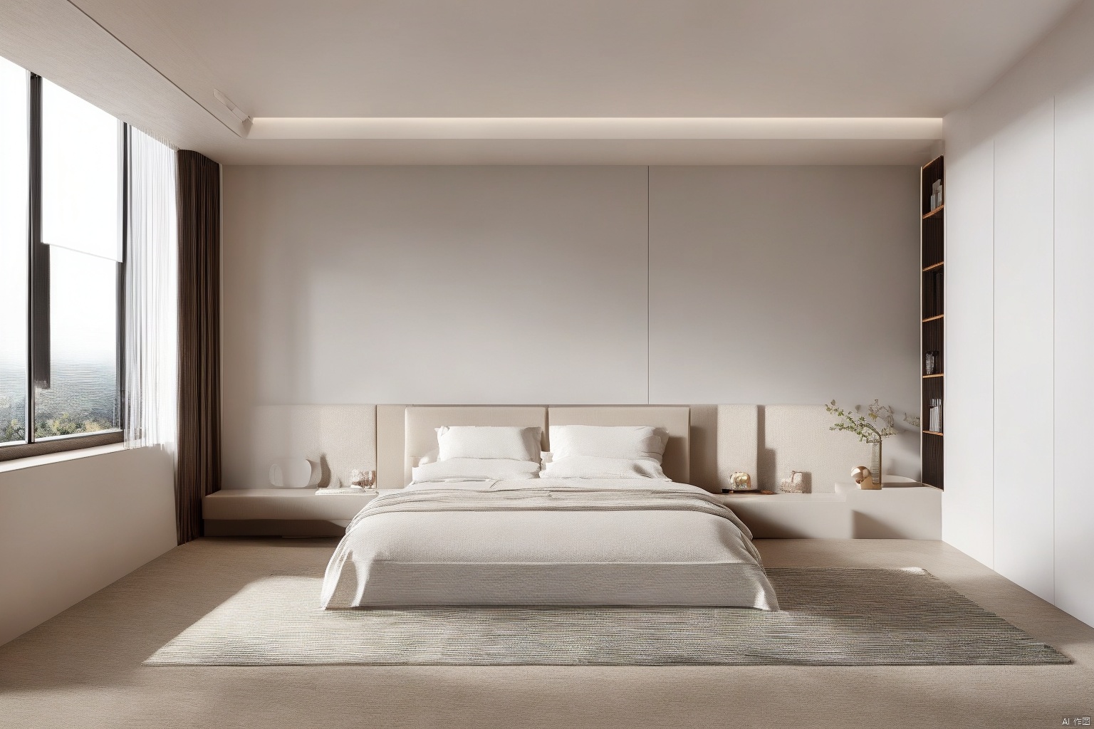 Bedroom, minimalist, high-end, light luxury, high-definition, natural reality, natural light, warmth, unmanned, bedside background, curtains, bedroom, high contrast,spacious, exquisite