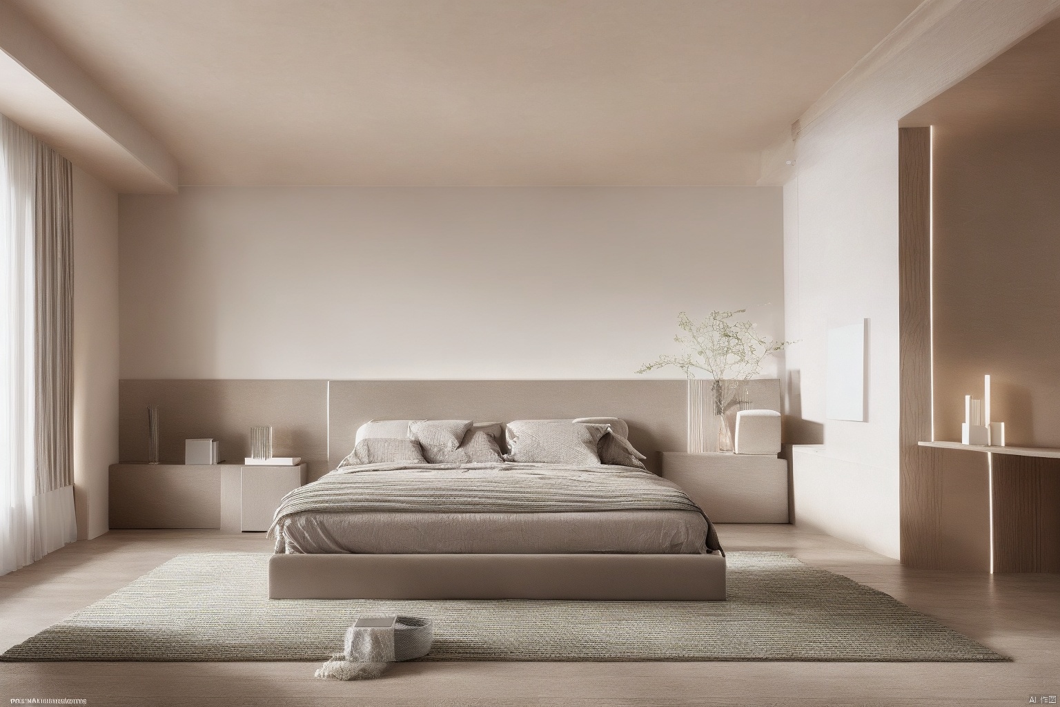 Bedroom, minimalist, high-end, light luxury, high-definition, natural reality, natural lighting, warm, unmanned, bedside background, curtains, bedroom, high contrast, spacious, exquisite, dark, wood grain, 4K,