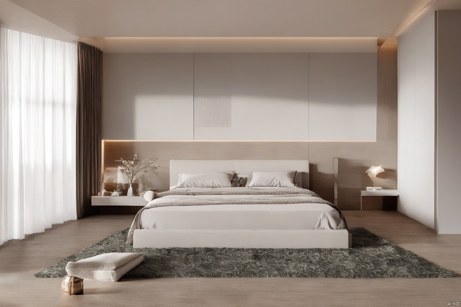 Bedroom, minimalist, high-end, light luxury, high-definition, natural reality, natural lighting, warm, unmanned, bedside background, curtains, bedroom, high contrast, spacious, exquisite, dark, wood grain