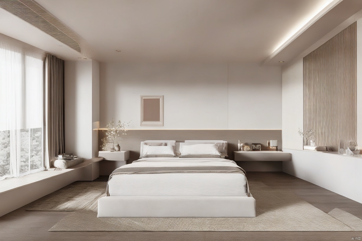 Bedroom, minimalist, high-end, light luxury, high-definition, natural reality, natural light, warmth, unmanned, bedside background, curtains, bedroom, high contrast,spacious, exquisite