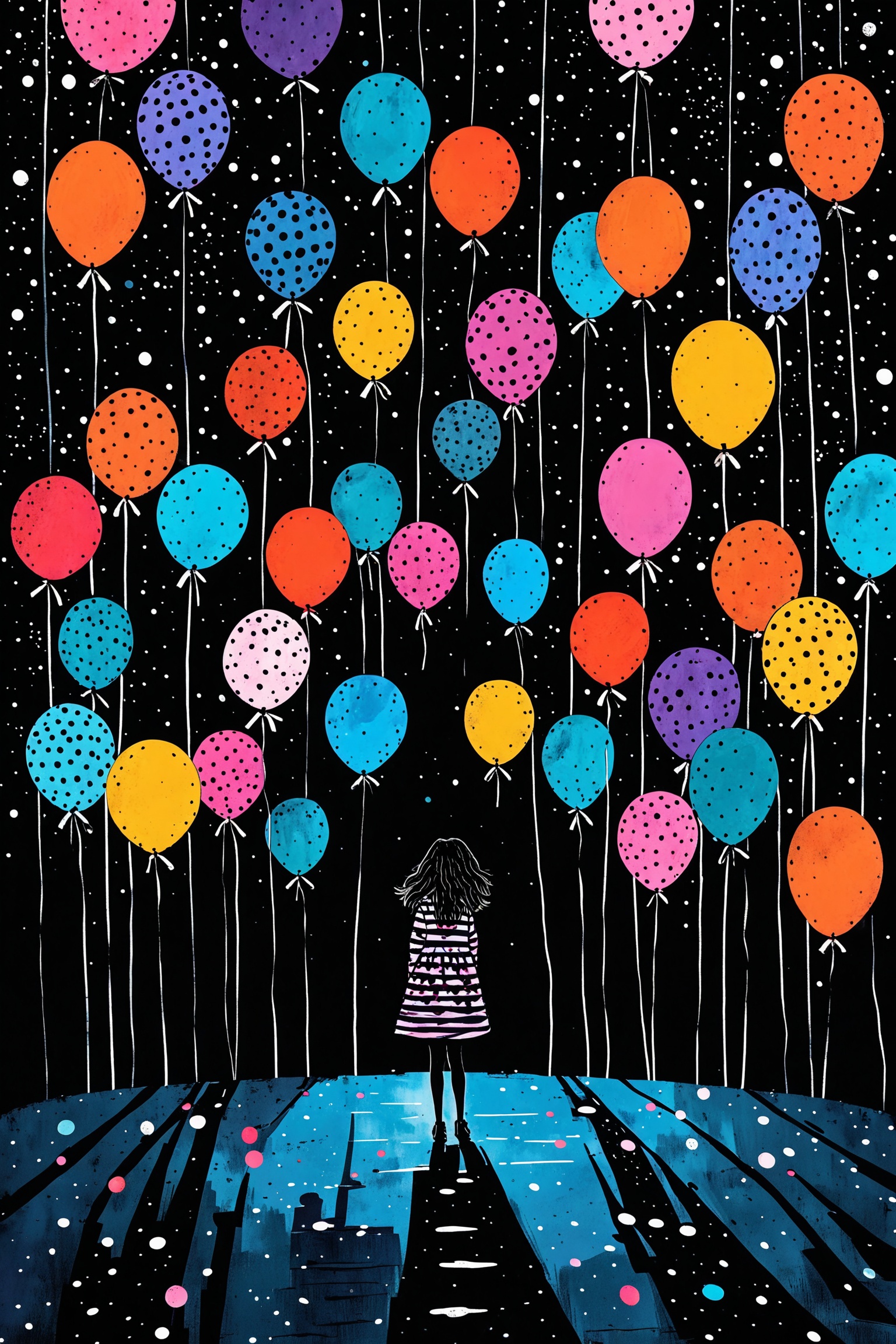 A night sky filled with vibrant,  colorful balloons of various sizes and patterns. These balloons are suspended from strin...
