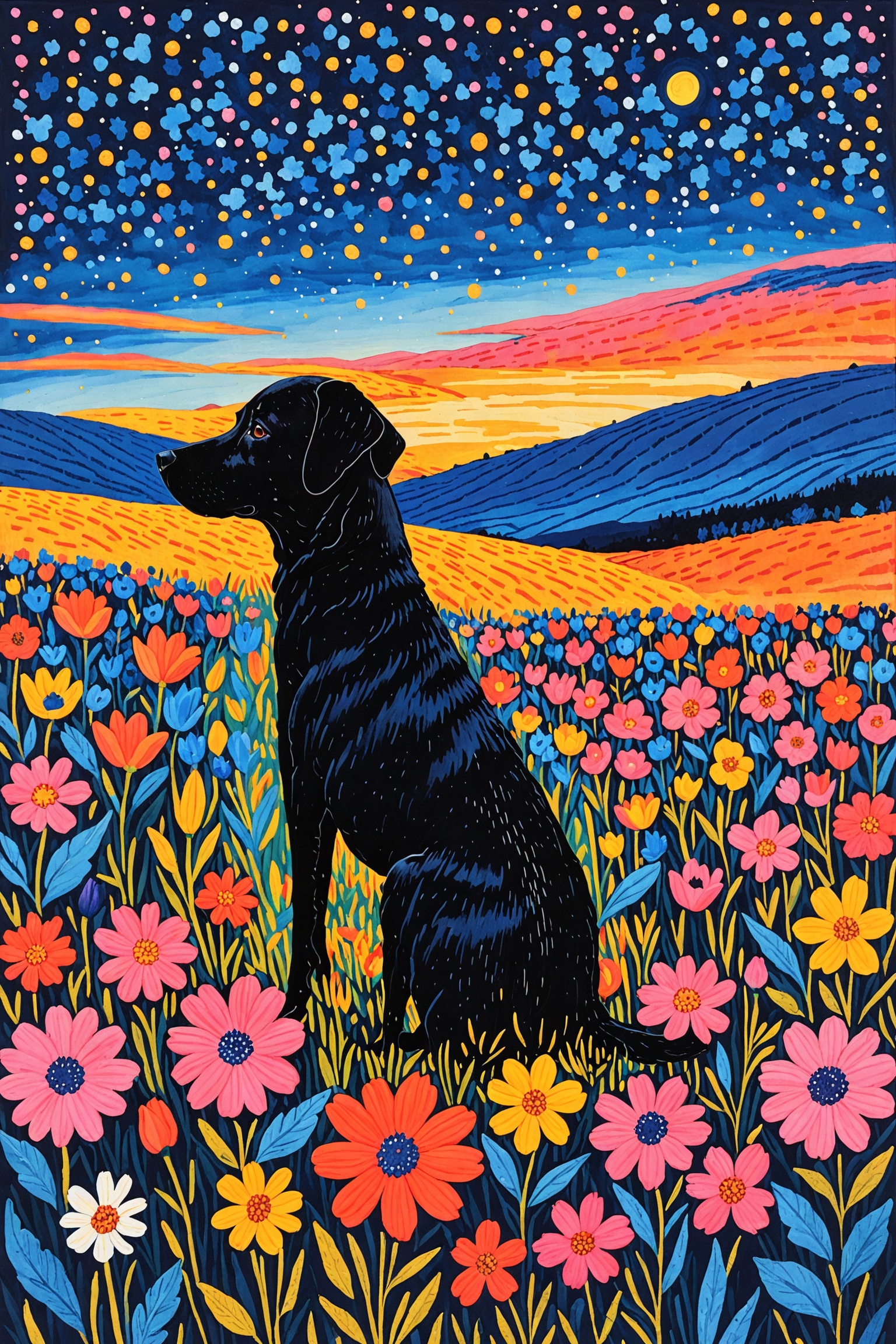 A serene nighttime landscape with a black dog sitting amidst a vibrant field of flowers. The dog is positioned towards the...