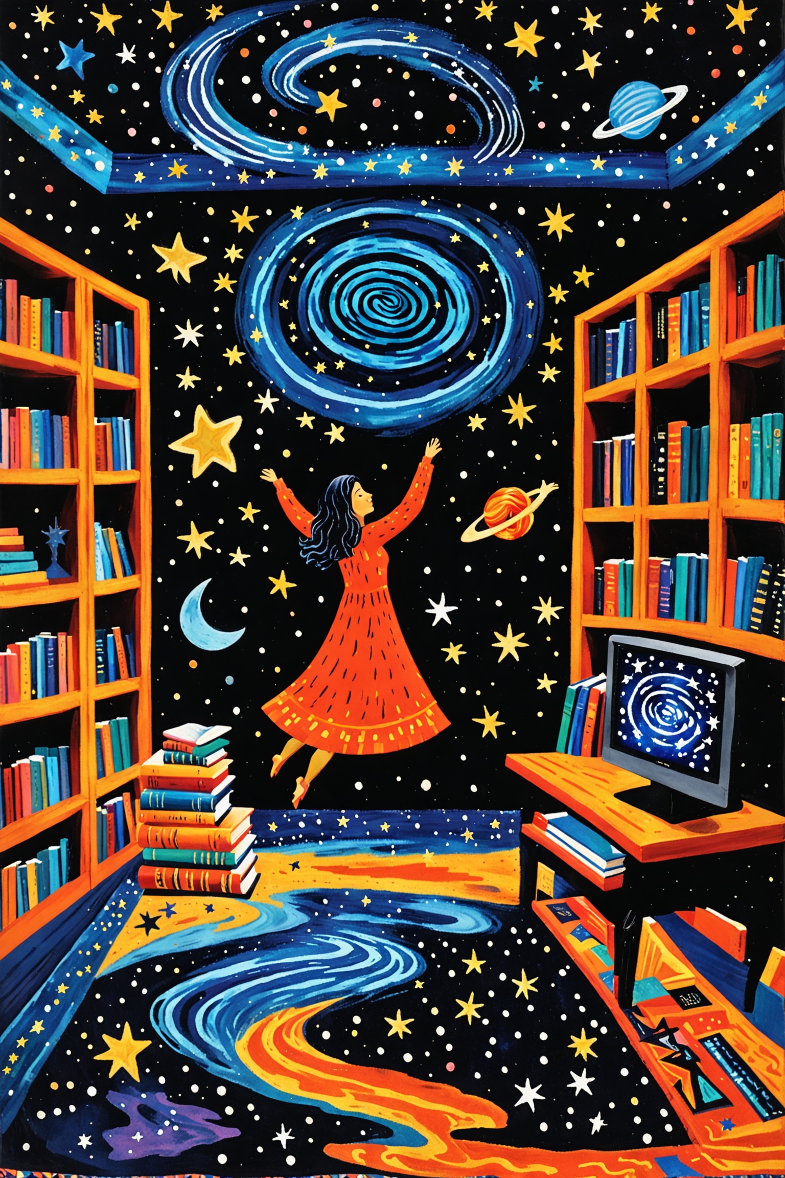 A vibrant and imaginative scene set within a room. On the left,  there's a wooden bookshelf filled with colorful books. Th...