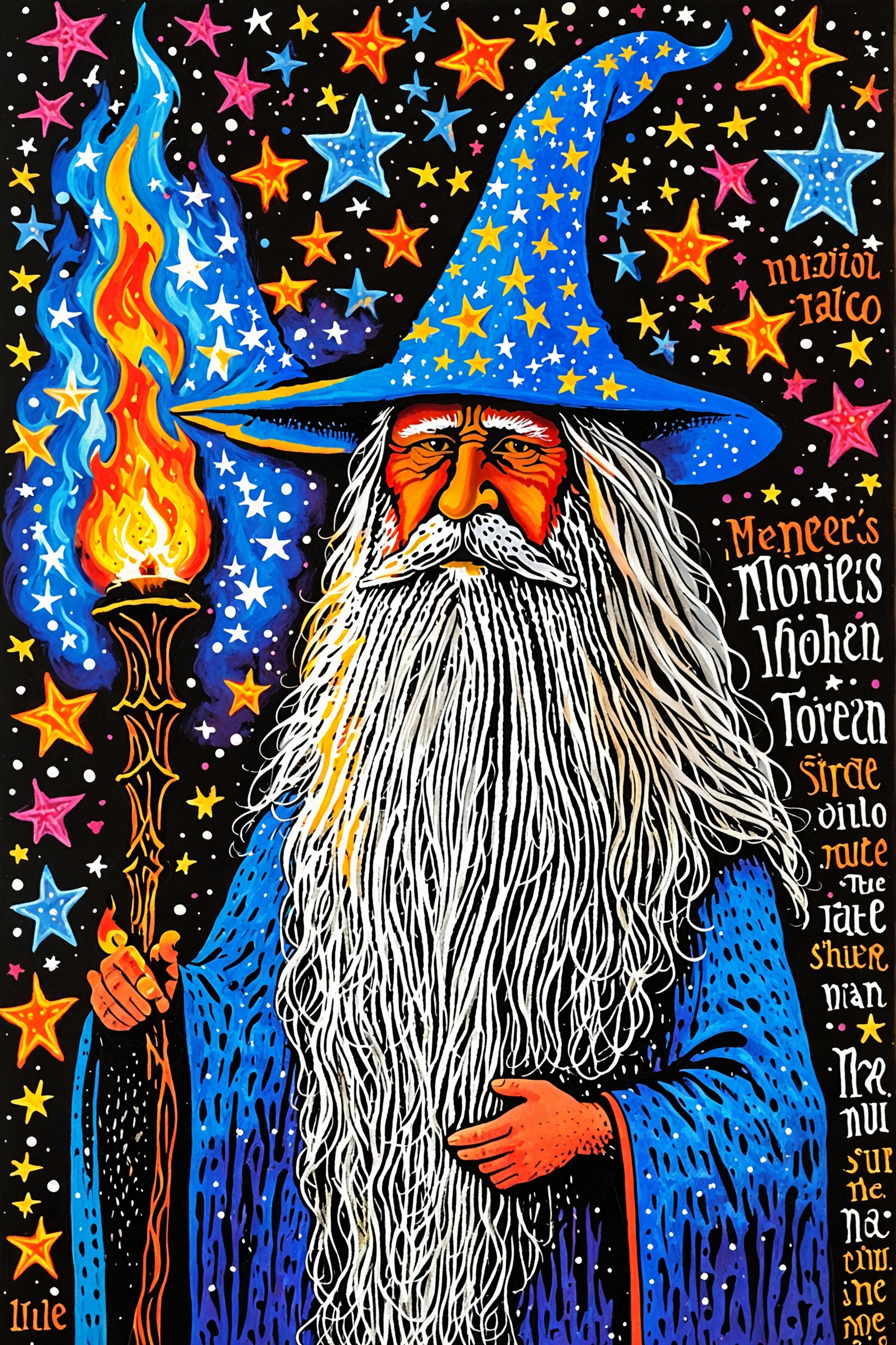 A vibrant and colorful portrayal of a wizard. He dons a tall blue hat adorned with stars and holds a staff with a flaming...