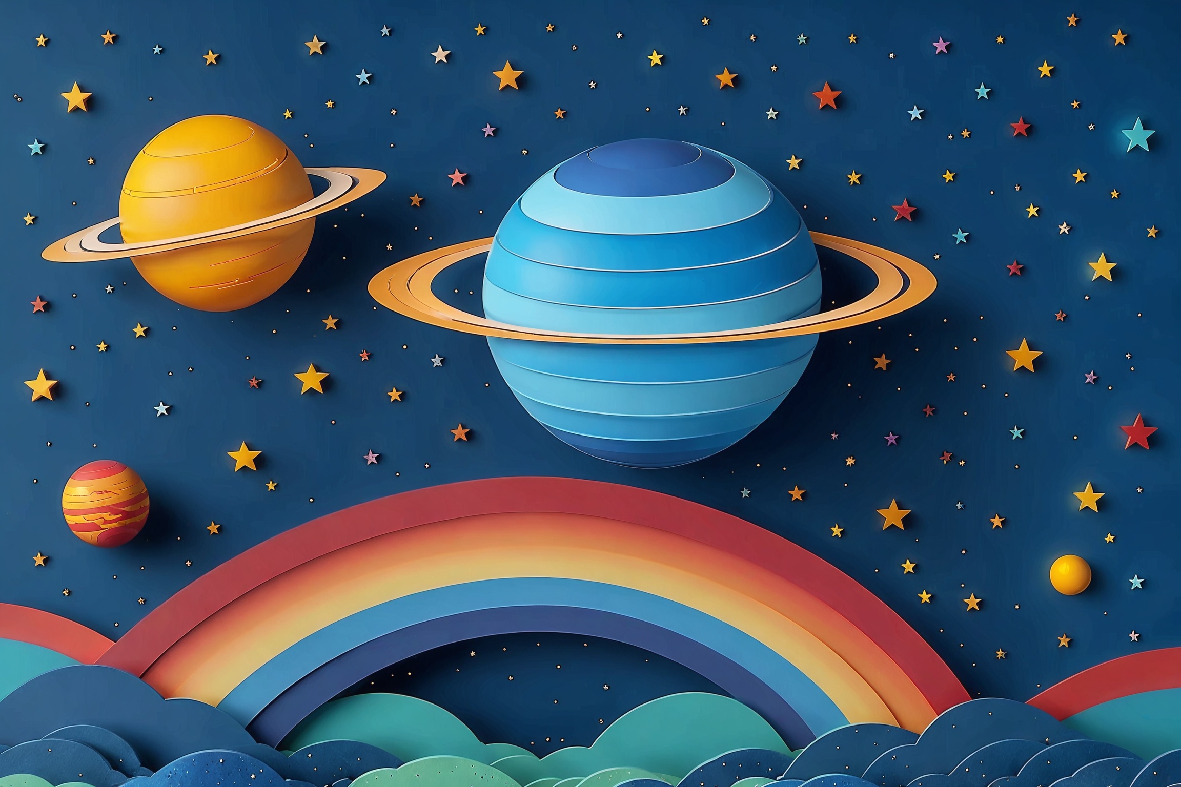 A vibrant cosmic scene. At the center,  there's a large,  layered planet with blue stripes on Tensor.Art