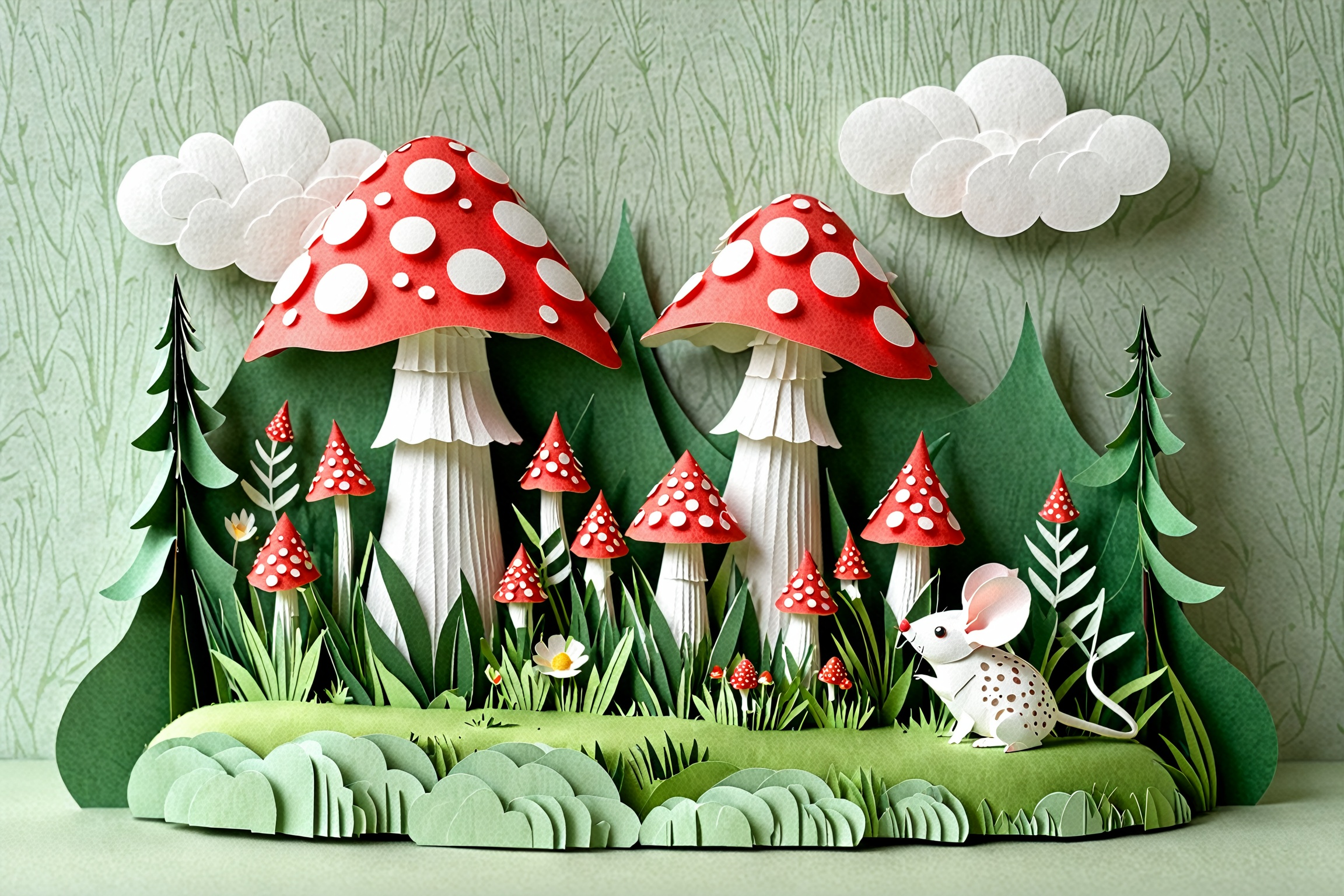 Whimsical paper-crafted landscape: A majestic red mushroom with white spots proudly stands amidst a lush grassy patch,  it...