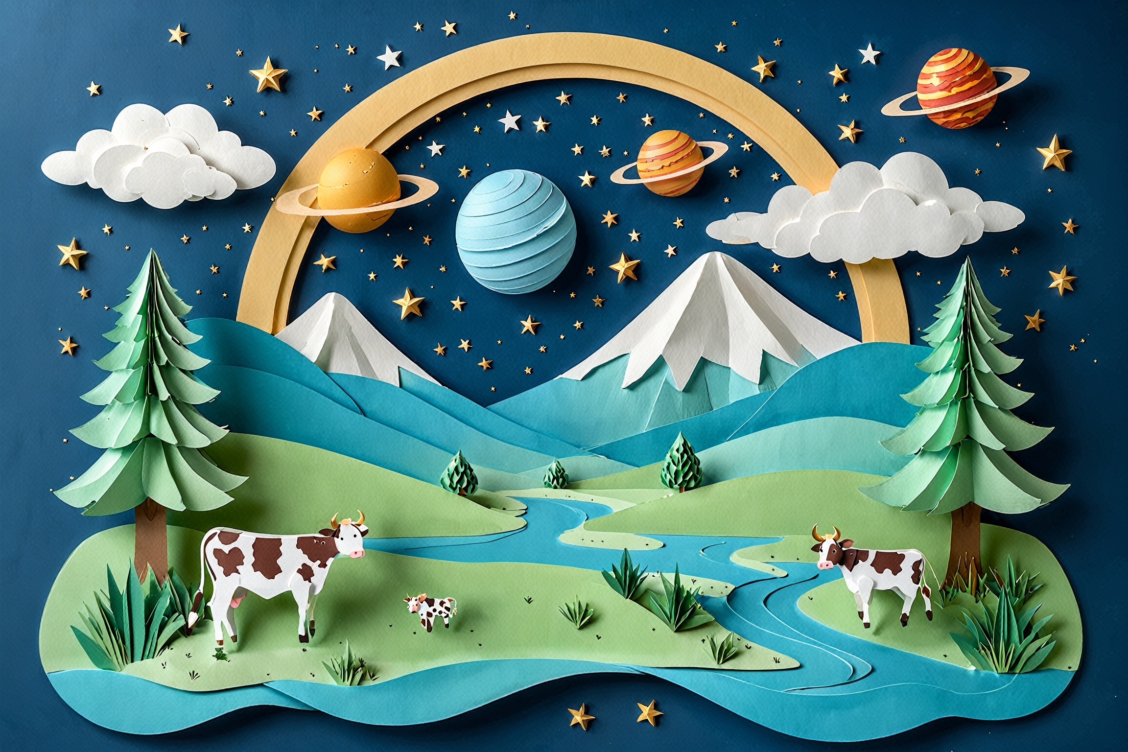 A picturesque landscape,  possibly a papercraft representation. Dominating the scene is a large,  crescent moon set agains...