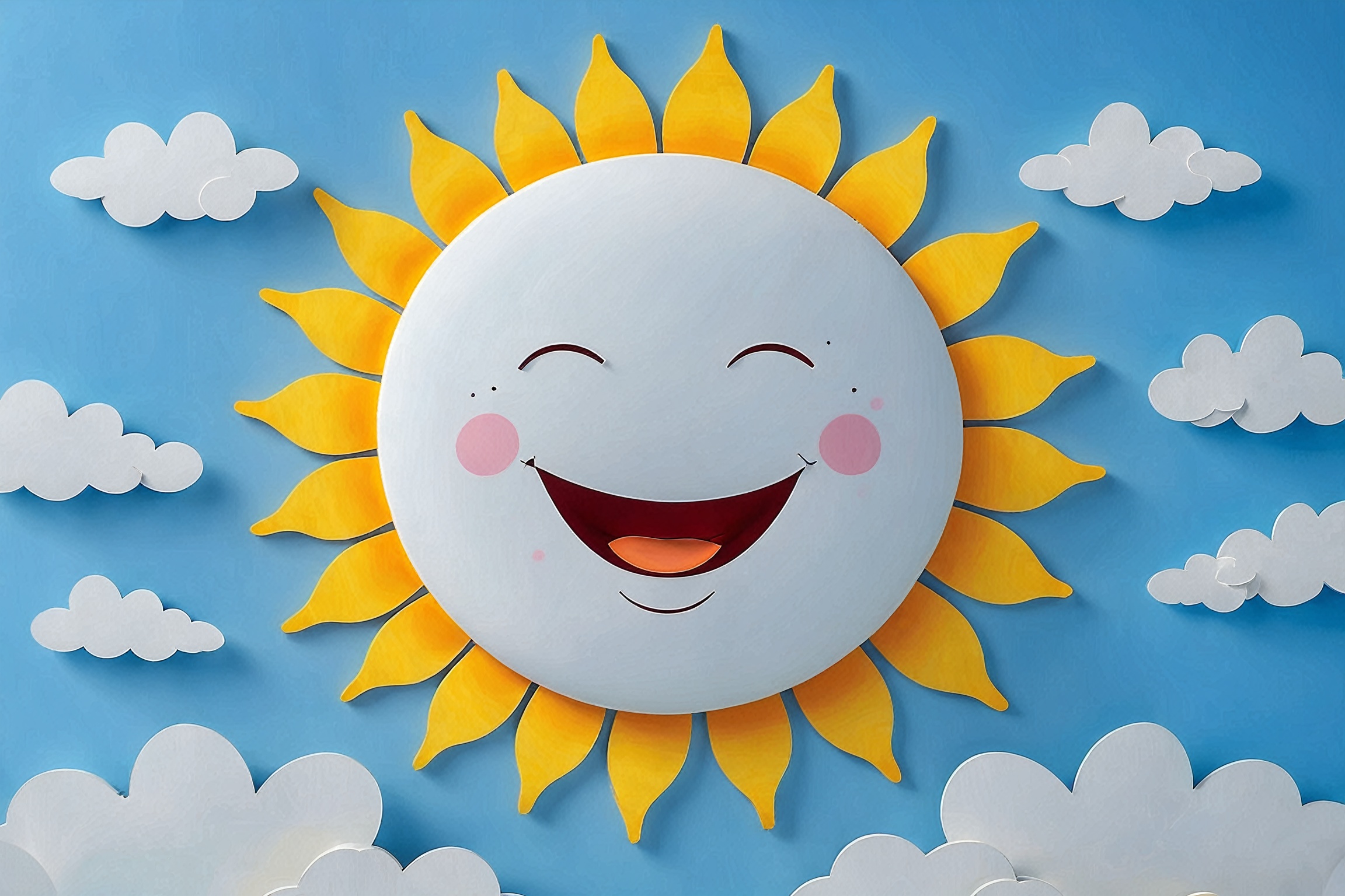 A vibrant and cheerful scene with a large,  smiling sun at the center. The sun has a radiant yellow hue with rays extendin...