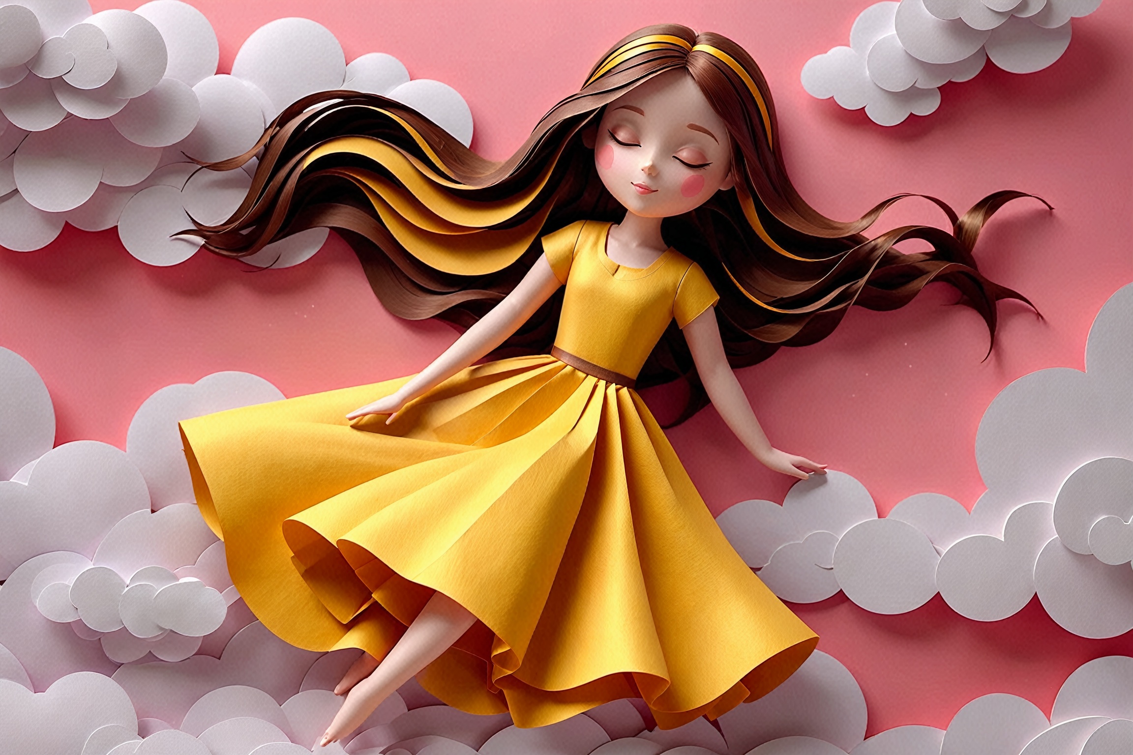 Whimsical female animated character,  long flowing brown hair cascading down like a waterfall of golden honey,  dons a rad...