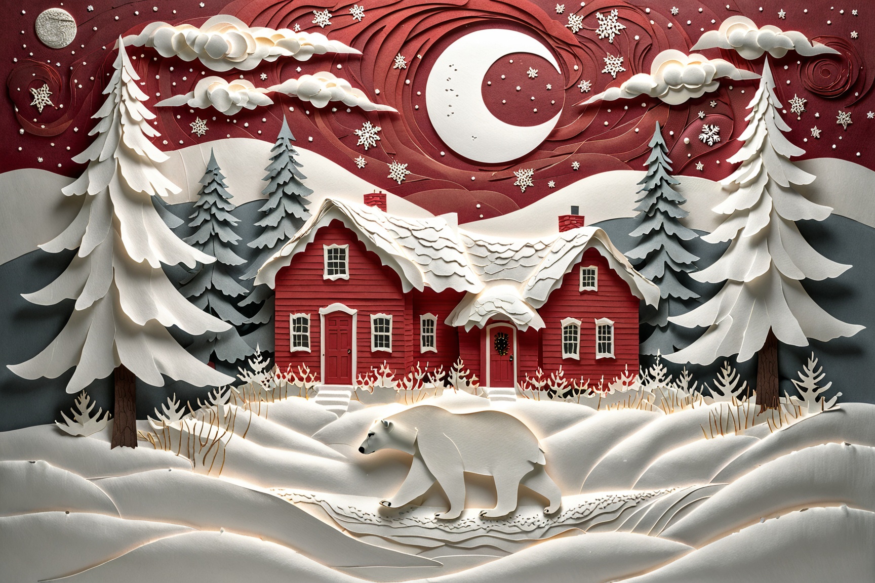 A picturesque winter scene. A red house with a snow-covered roof stands amidst a backdrop of white and gray pine trees. Ab...