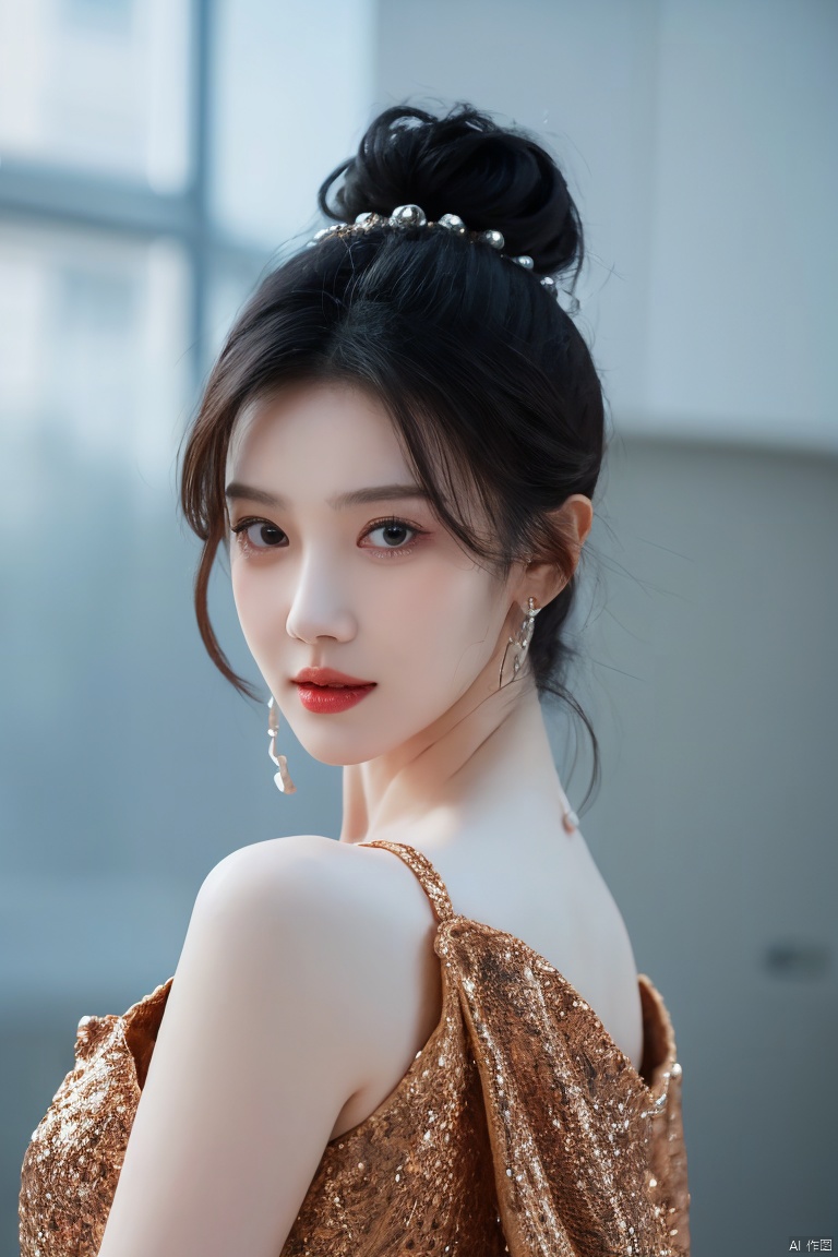  Surrealist beauty photo, a beautiful woman wearing complex and detailed colored clothes and future jewelry, low cut.,