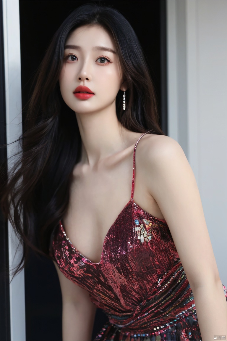  Surrealist beauty photo, a beautiful woman wearing complex and detailed colored clothes and future jewelry, low cut.,