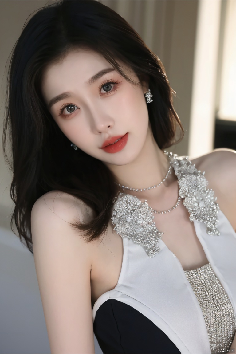 Surrealist beauty photo, a beautiful woman wearing complex and detailed colored clothes and future jewelry, low cut.,